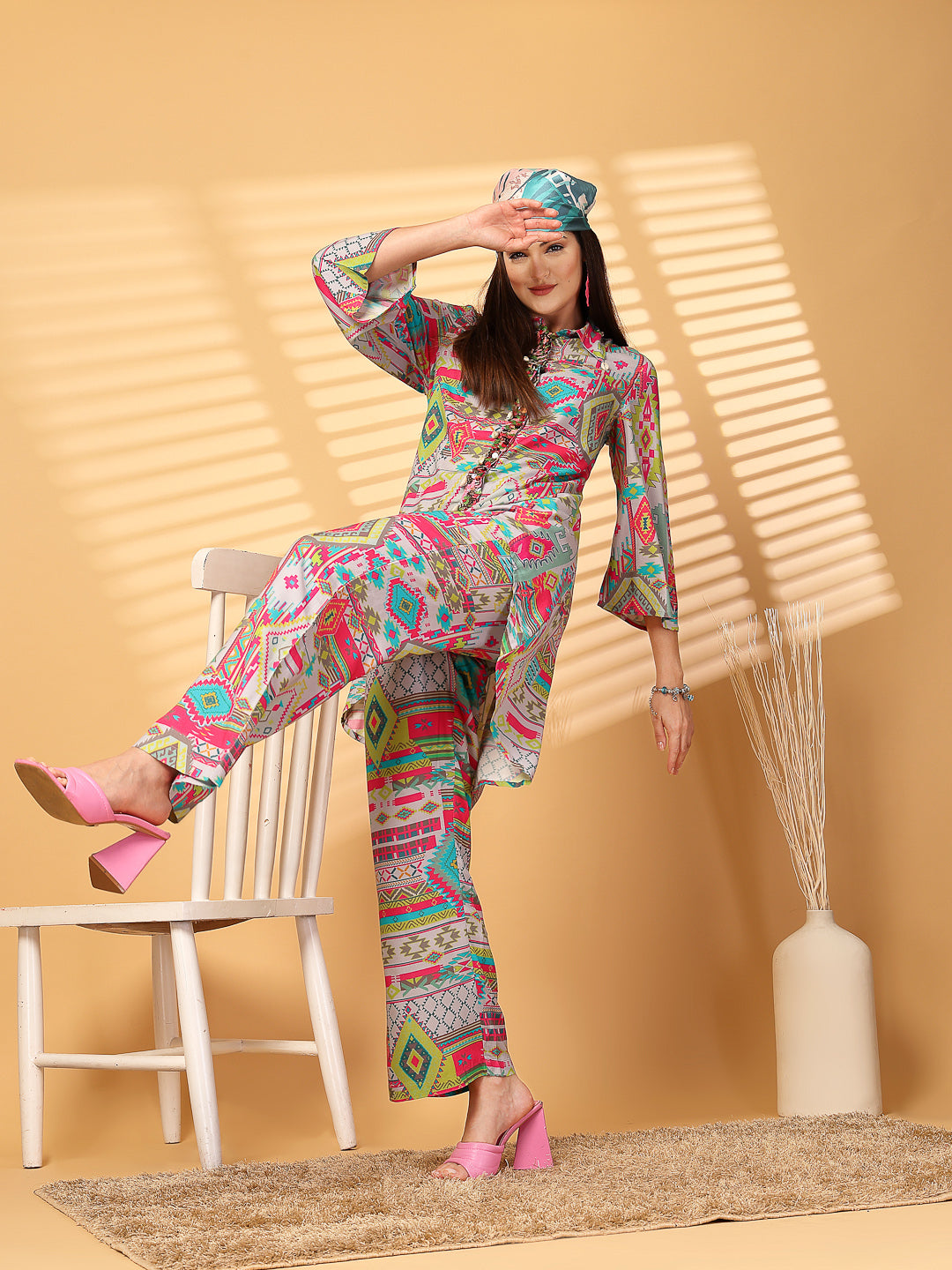 High Low Printed Co-Ord Set With Hand Work Embroidery - Cosmic Trio