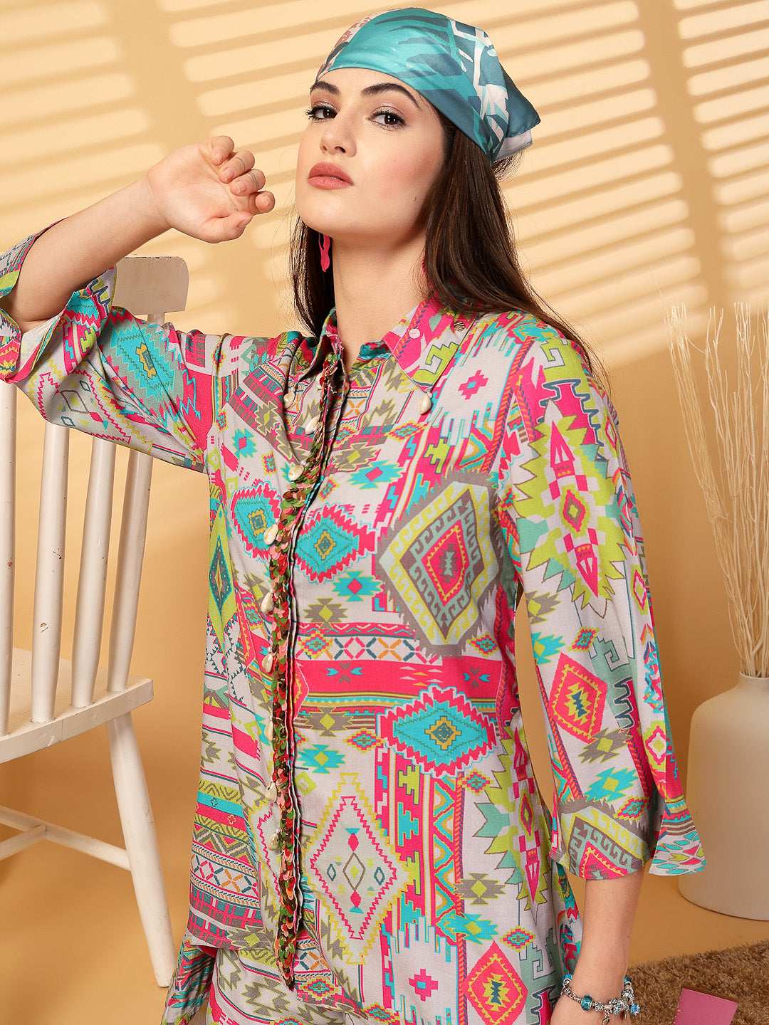 High Low Printed Co-Ord Set With Hand Work Embroidery - Cosmic Trio