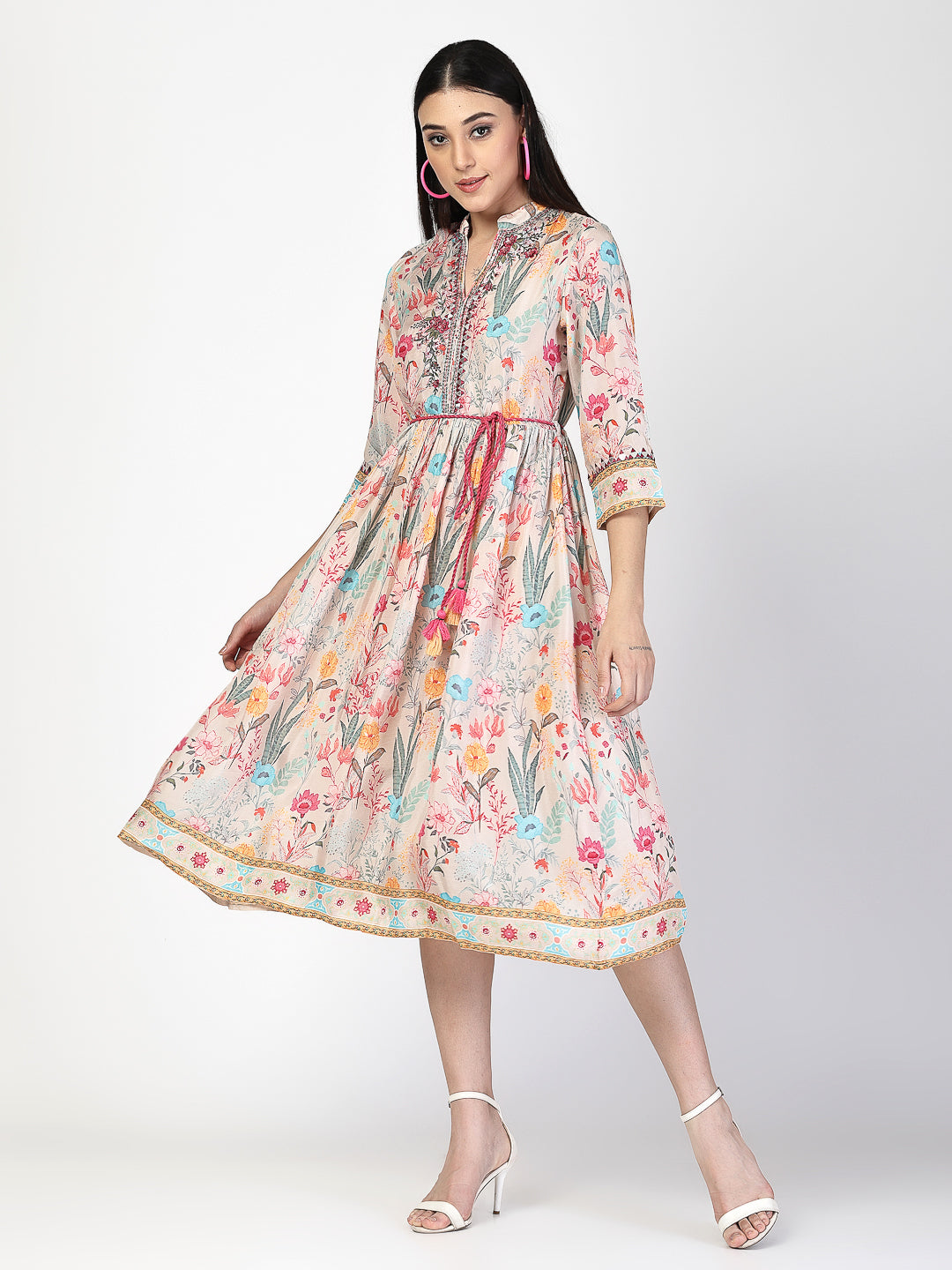 Embroidered Waist Tie Up Dress - Cosmic Trio