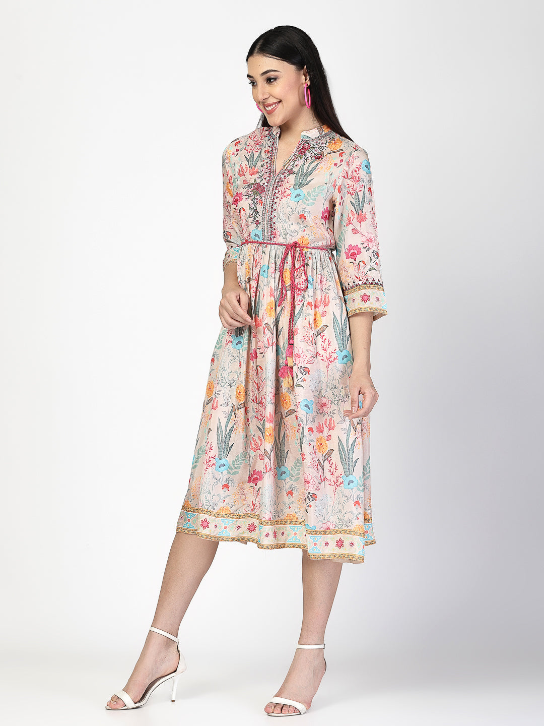 Embroidered Waist Tie Up Dress - Cosmic Trio