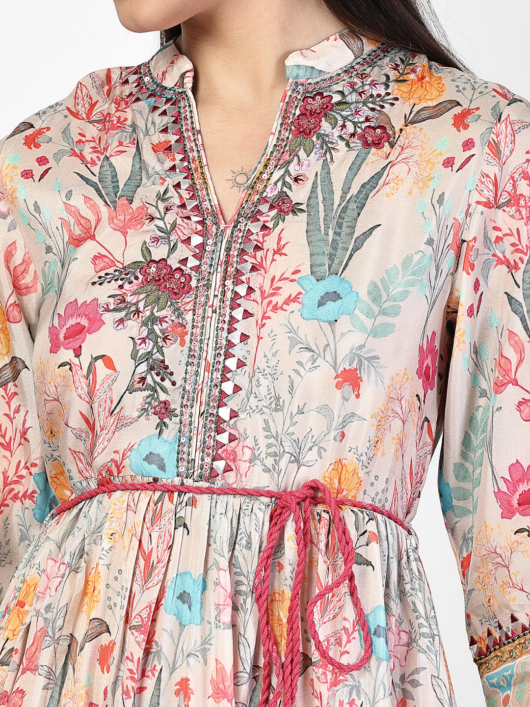 Embroidered Waist Tie Up Dress - Cosmic Trio
