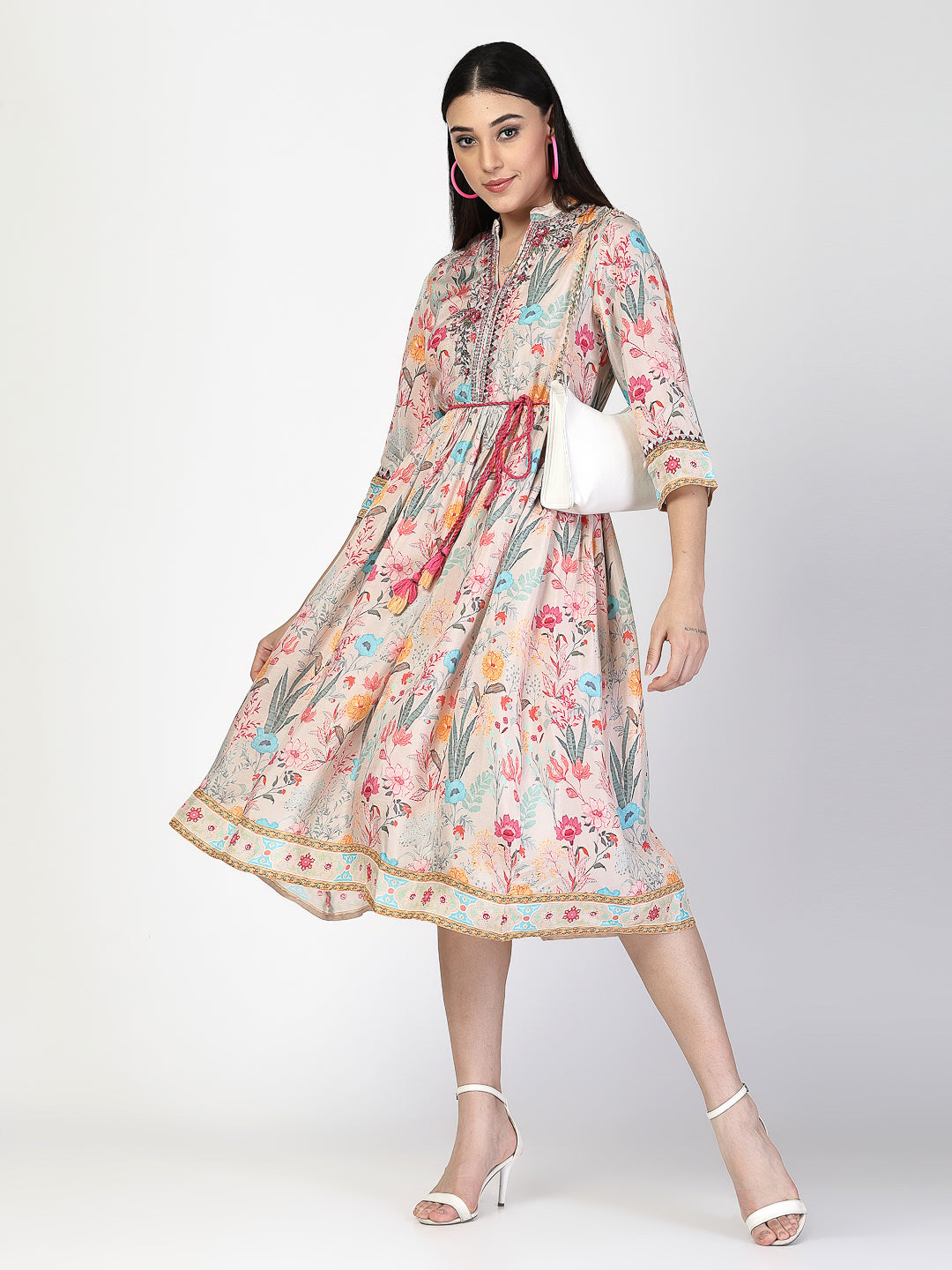 Embroidered Waist Tie Up Dress - Cosmic Trio