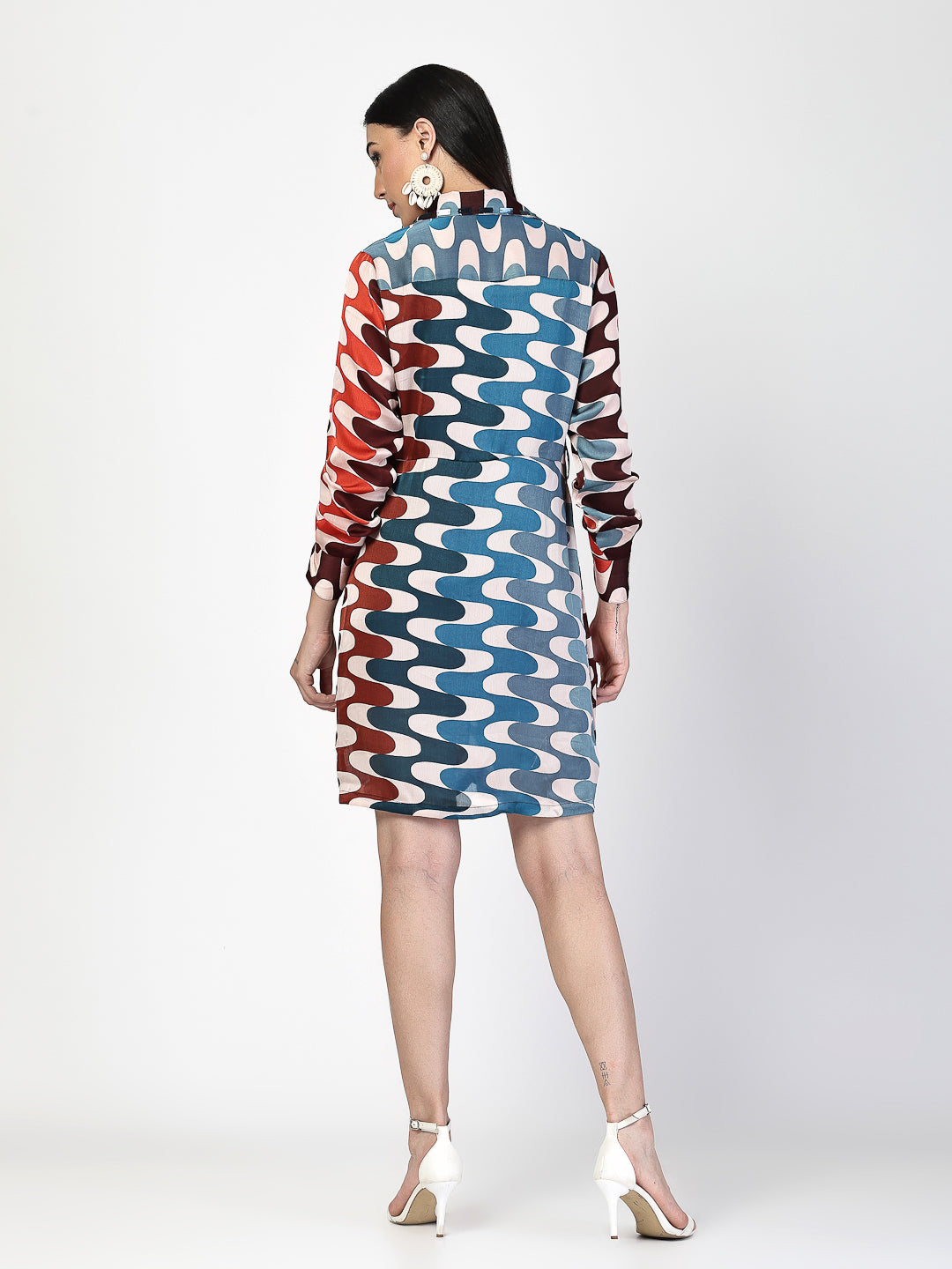 Geometric Printed Long Sleeve Shirt Dress - Cosmic Trio