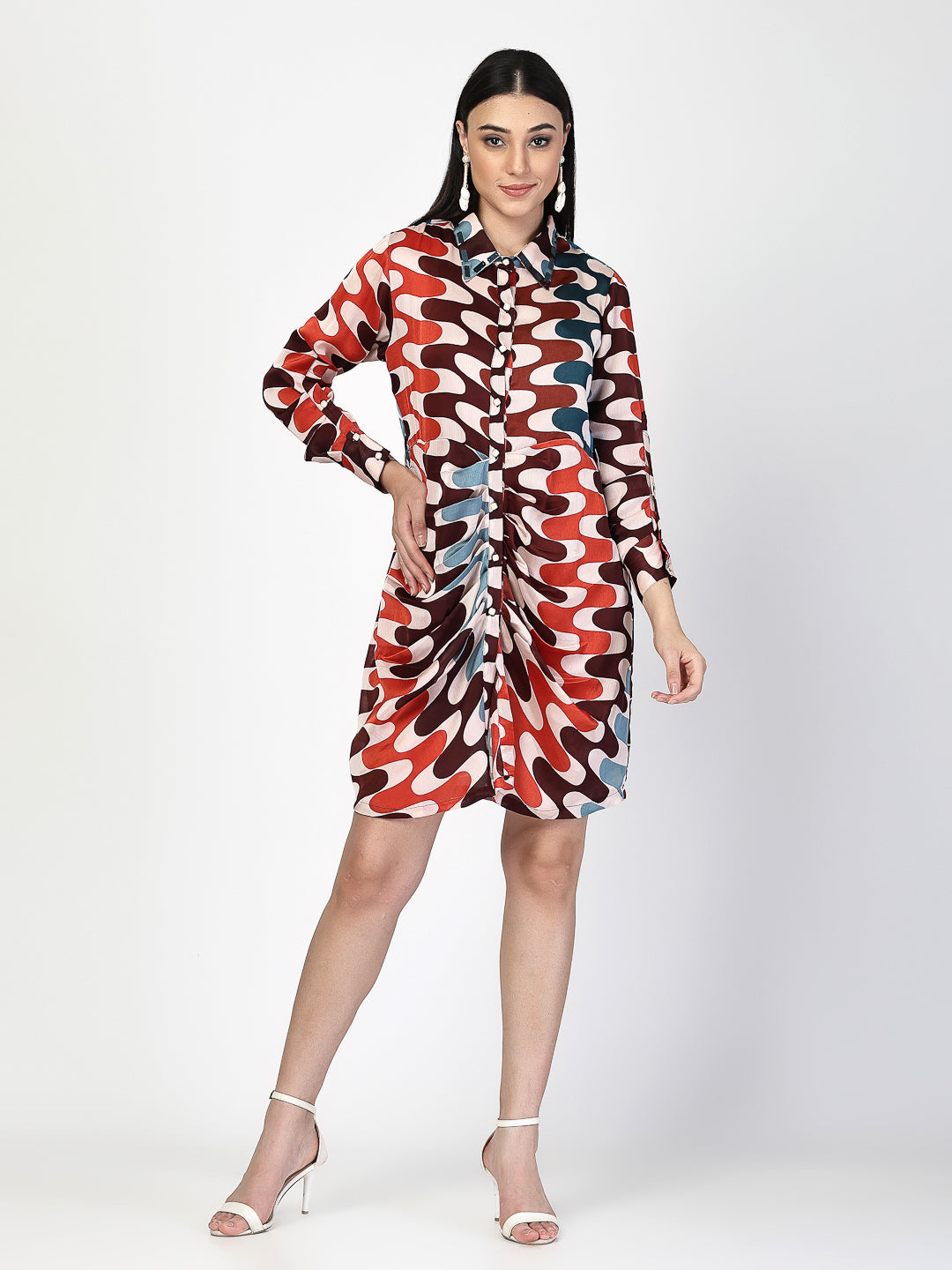 Geometric Printed Long Sleeve Shirt Dress - Cosmic Trio