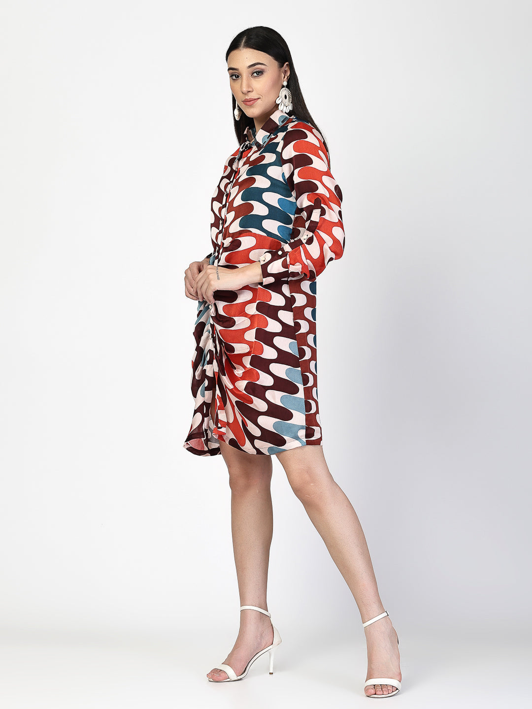 Geometric Printed Long Sleeve Shirt Dress - Cosmic Trio