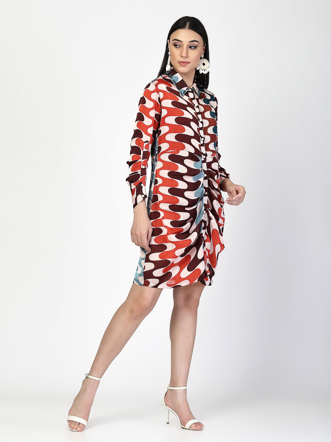 Geometric Printed Long Sleeve Shirt Dress - Cosmic Trio