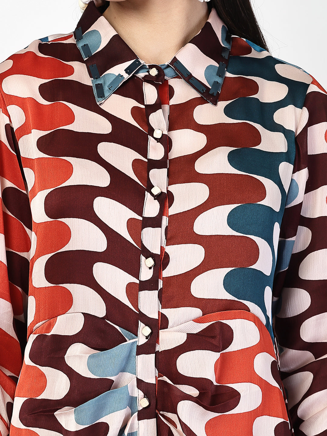 Geometric Printed Long Sleeve Shirt Dress - Cosmic Trio