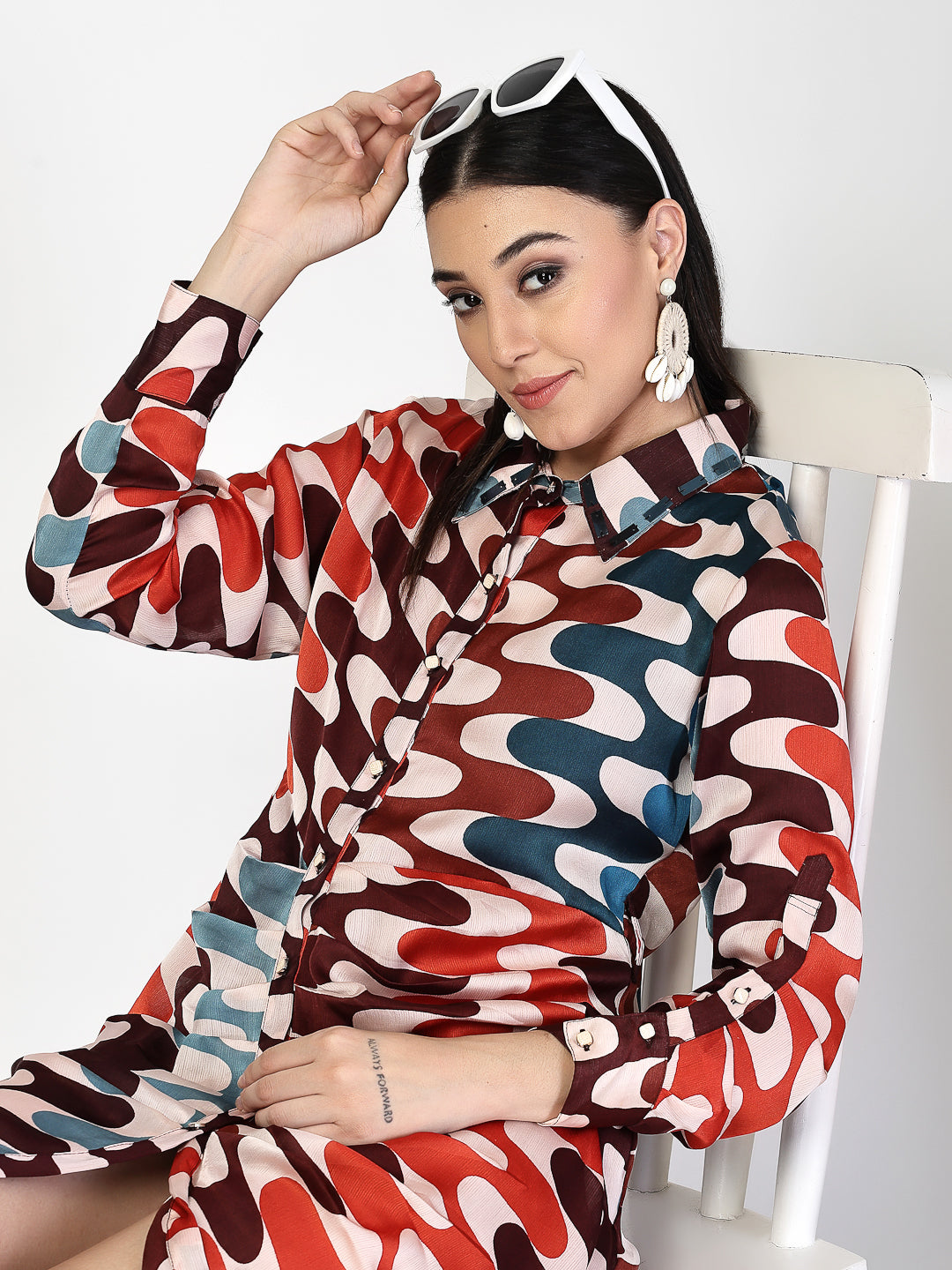 Geometric Printed Long Sleeve Shirt Dress - Cosmic Trio
