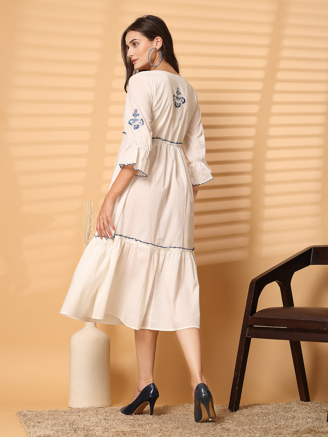 Elegant White Embroidered Midi Dress – Timeless Chic - Cosmic Trio