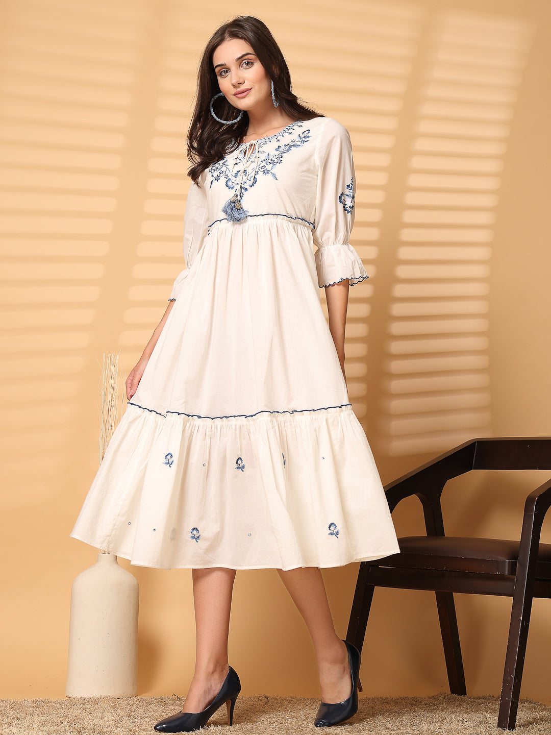 Elegant White Embroidered Midi Dress – Timeless Chic - Cosmic Trio