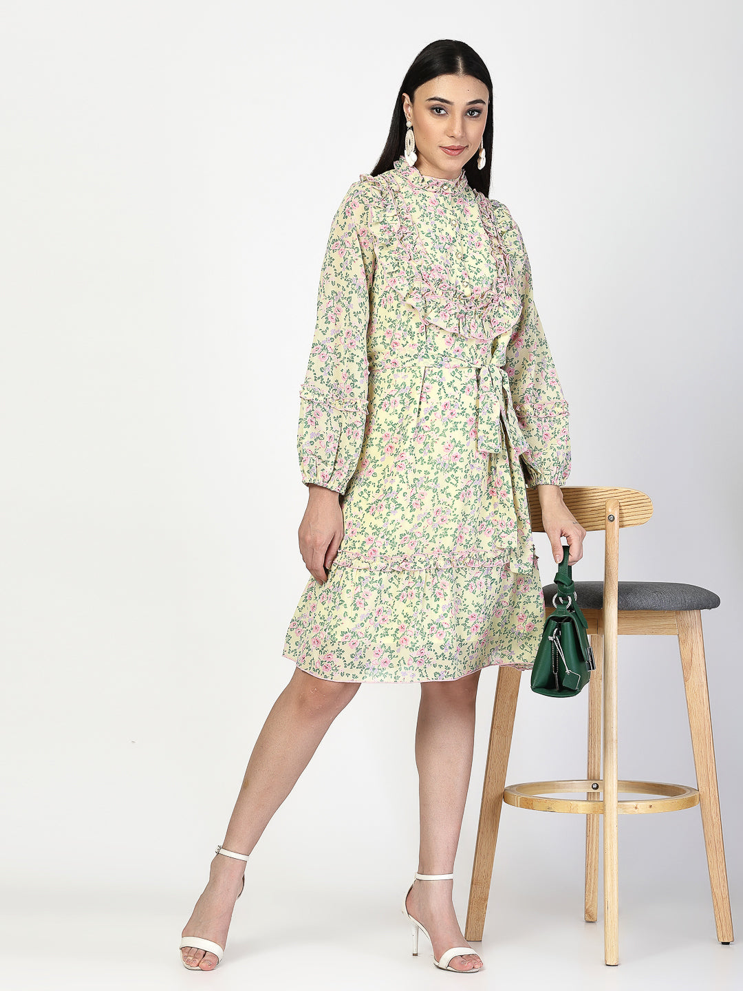 Printed Gathered and Frill Work Dress - Cosmic Trio