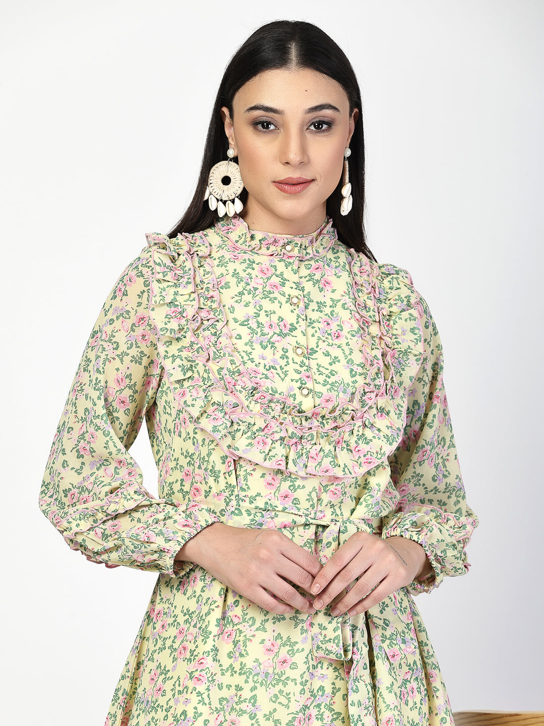 Printed Gathered and Frill Work Dress - Cosmic Trio
