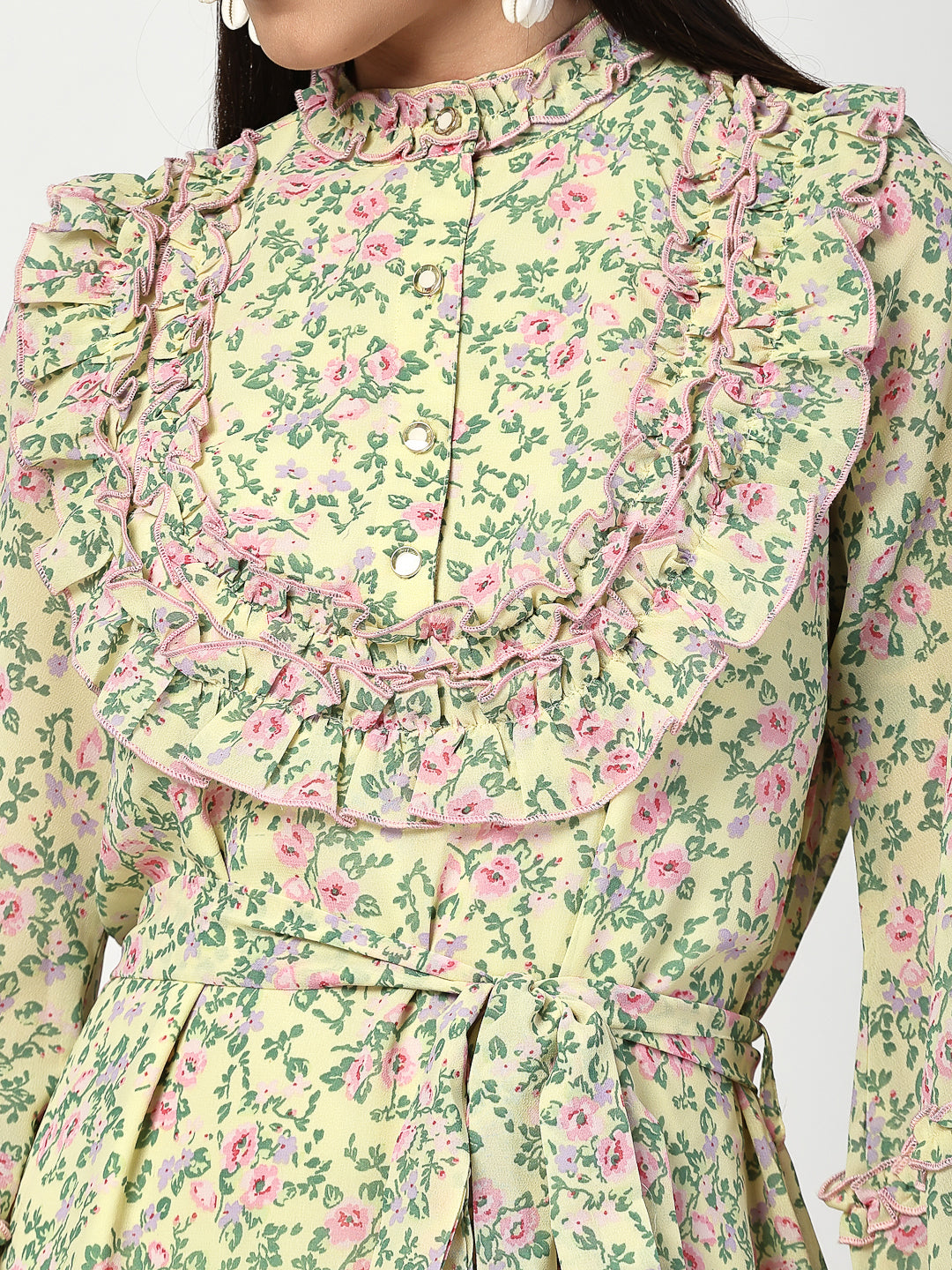 Printed Gathered and Frill Work Dress - Cosmic Trio