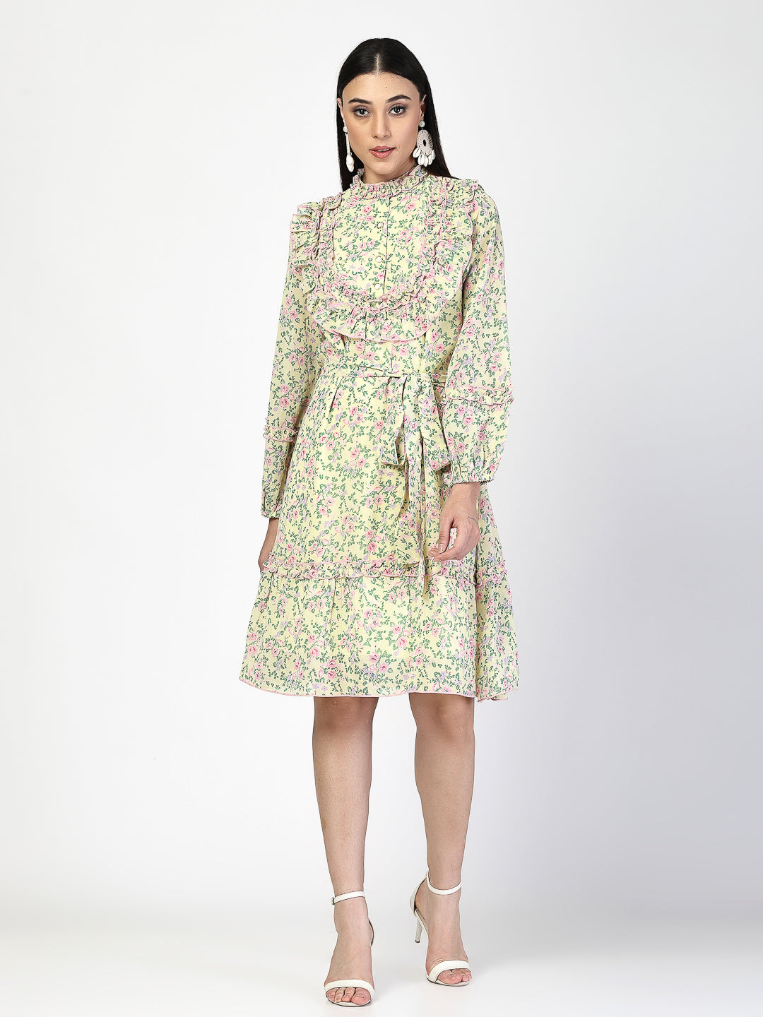 Printed Gathered and Frill Work Dress - Cosmic Trio