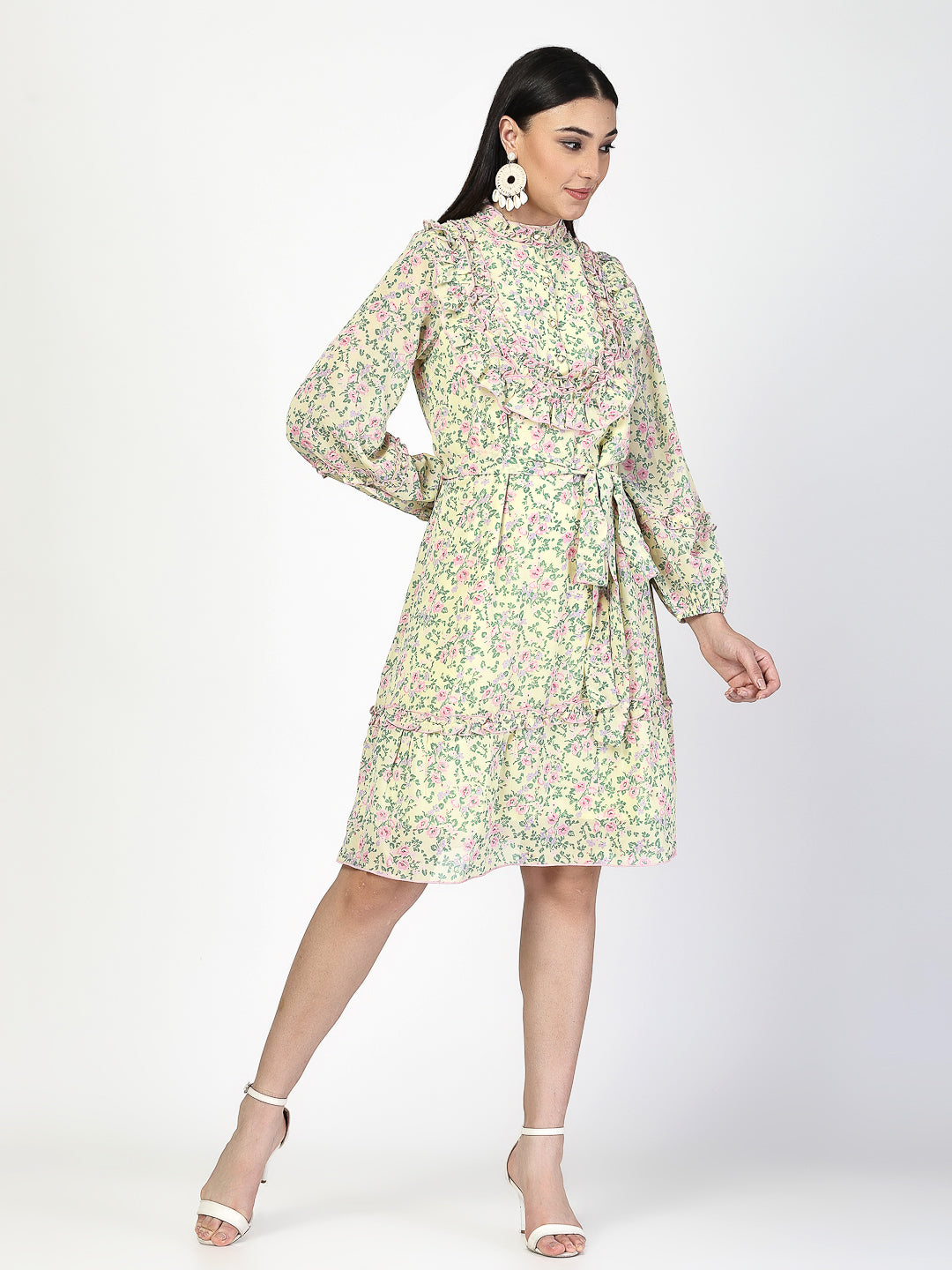 Printed Gathered and Frill Work Dress - Cosmic Trio