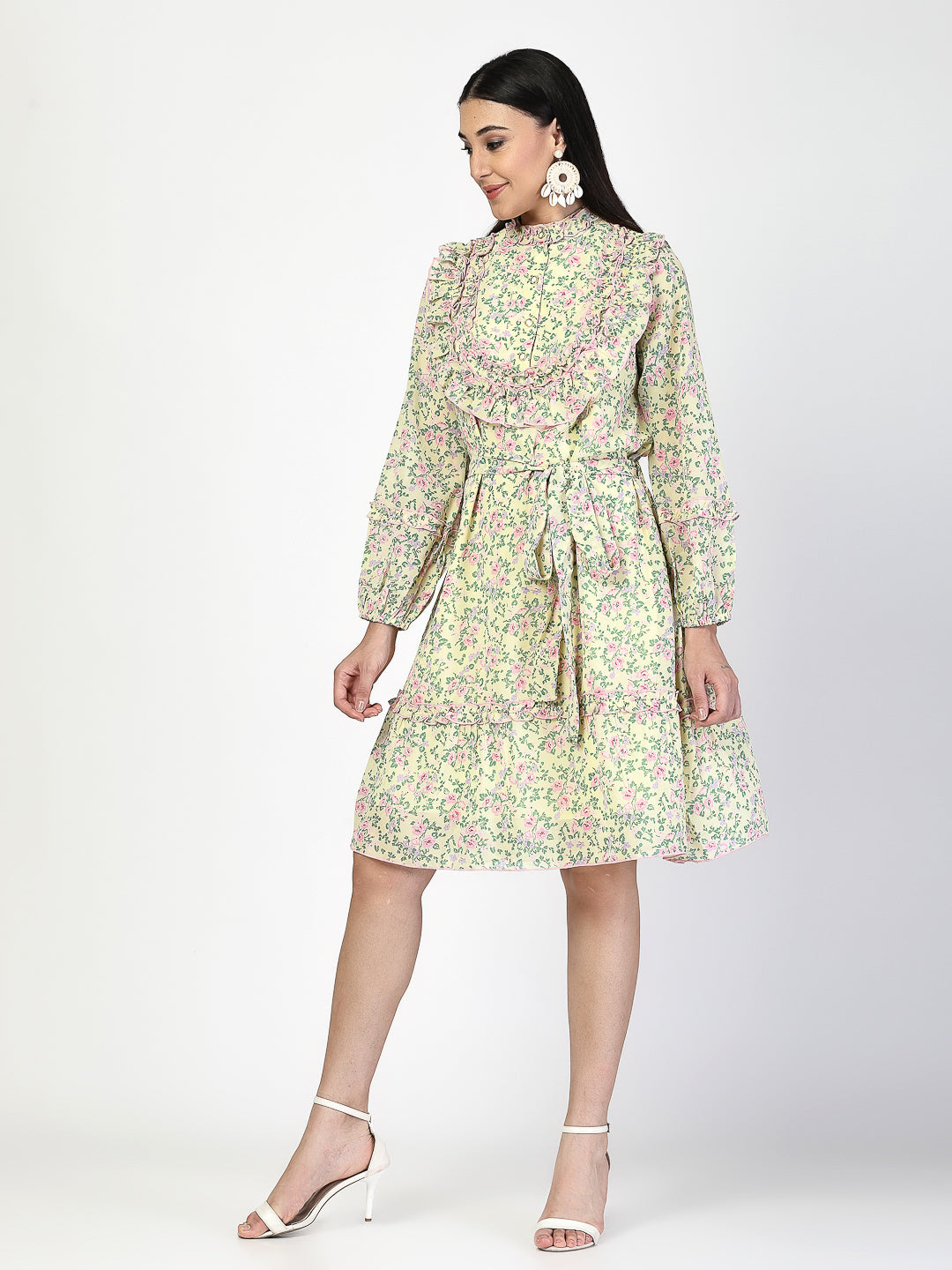 Printed Gathered and Frill Work Dress - Cosmic Trio