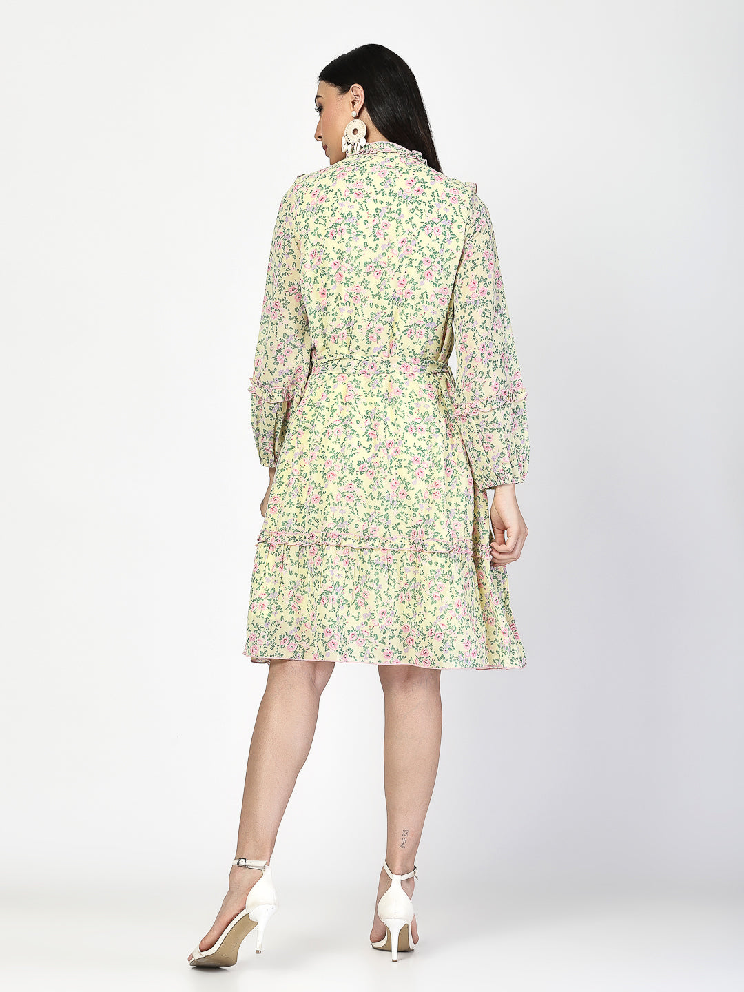Printed Gathered and Frill Work Dress - Cosmic Trio