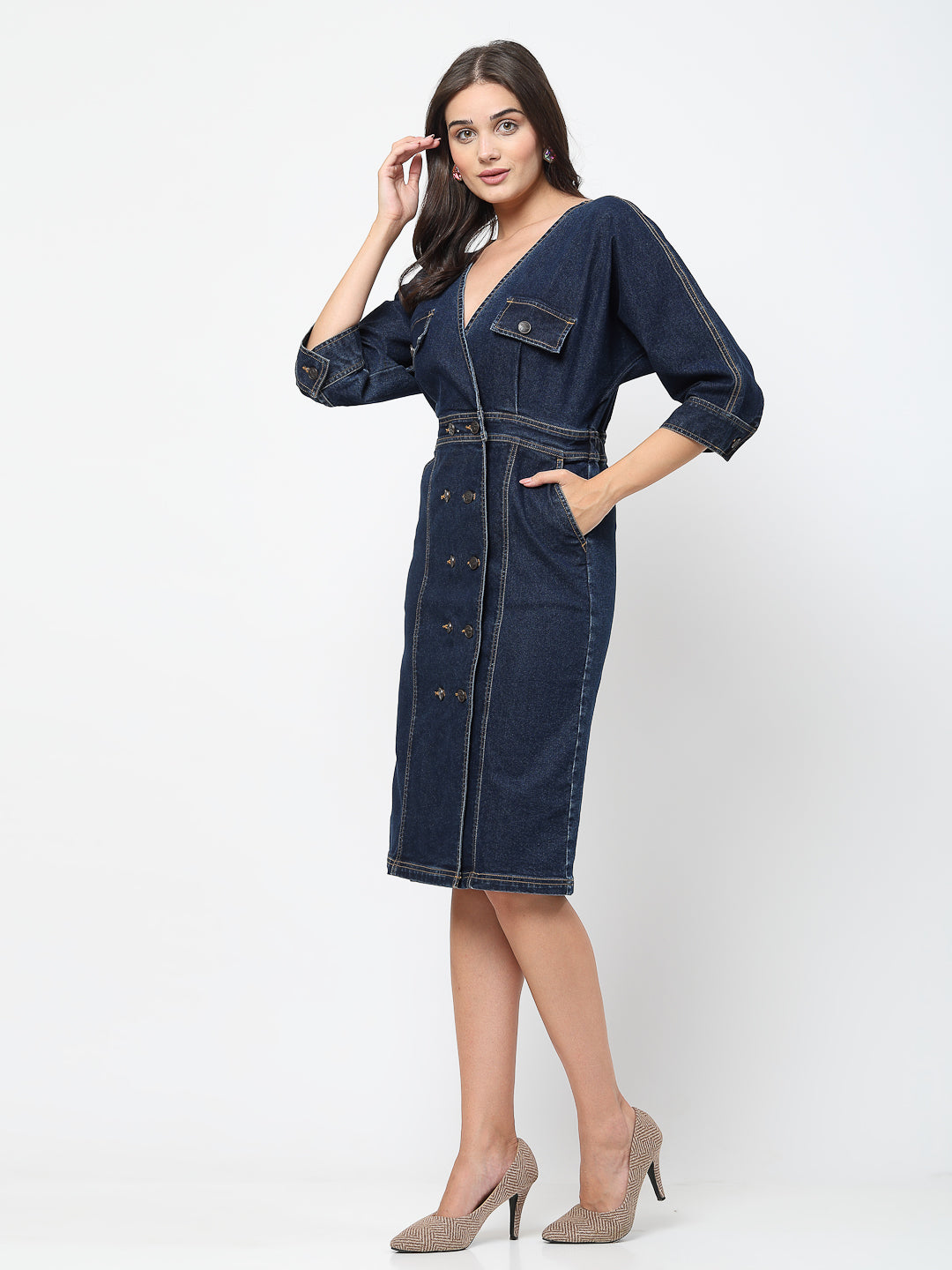 A-Line Denim Dress with Flap Pockets - Cosmic Trio