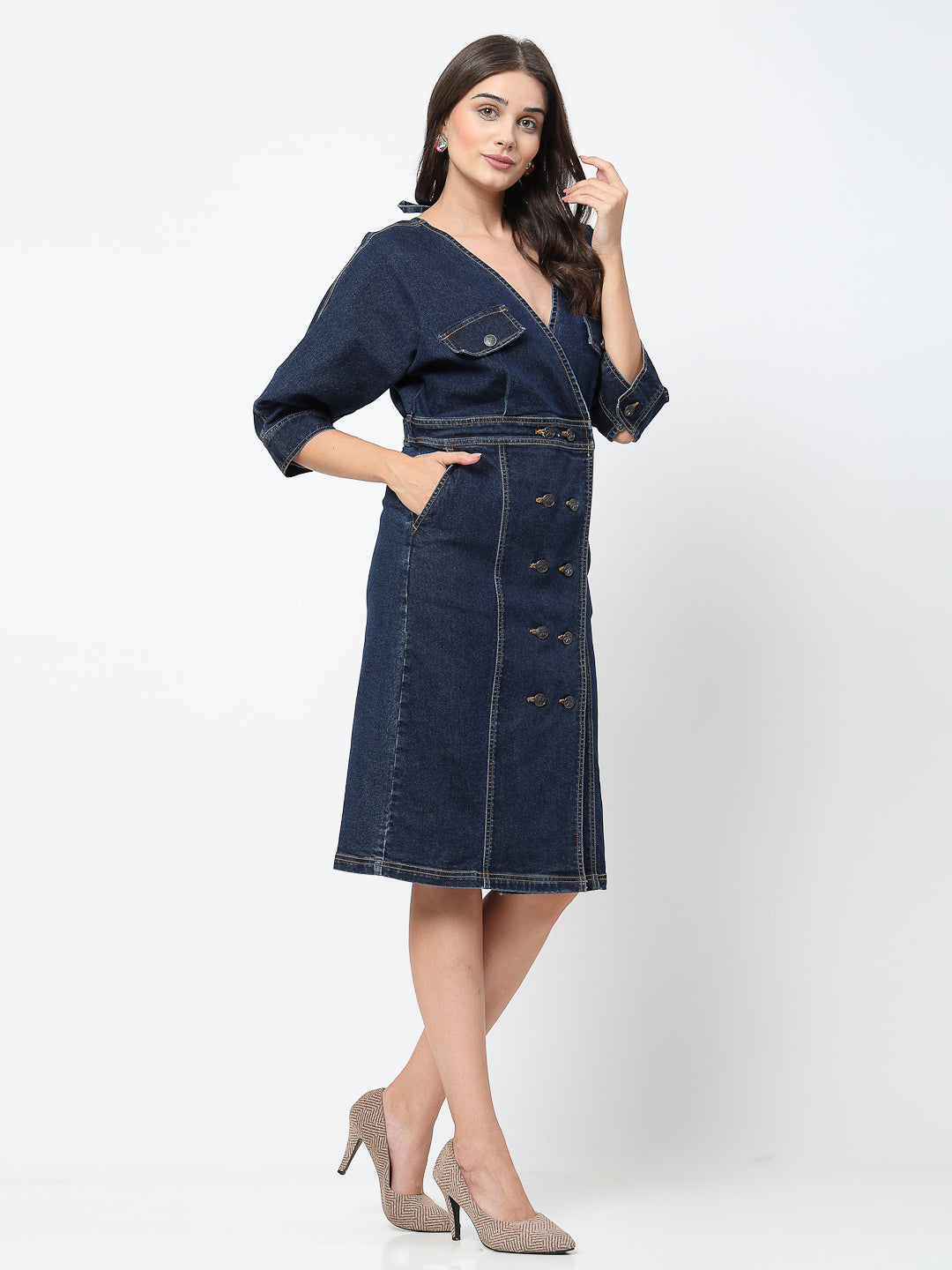 A-Line Denim Dress with Flap Pockets - Cosmic Trio