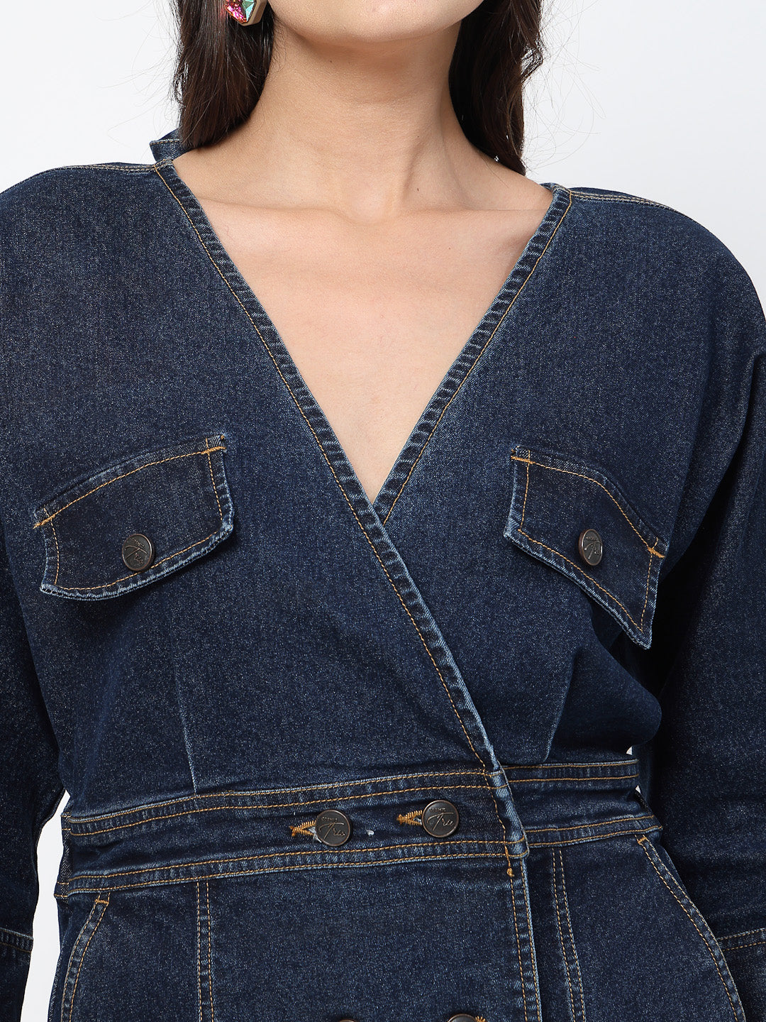 A-Line Denim Dress with Flap Pockets - Cosmic Trio
