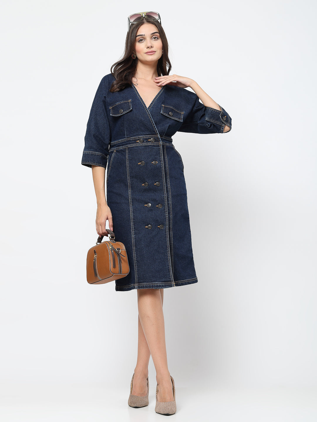 A-Line Denim Dress with Flap Pockets - Cosmic Trio