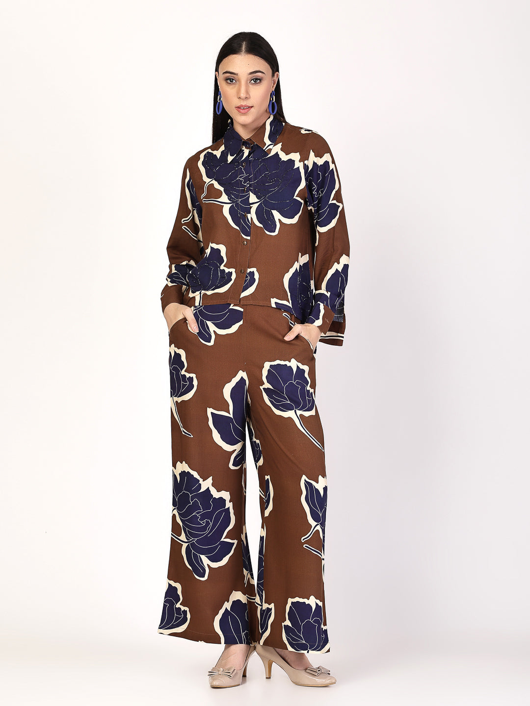 Blue Floral Bliss Brown Co-Ord Set - Cosmic Trio