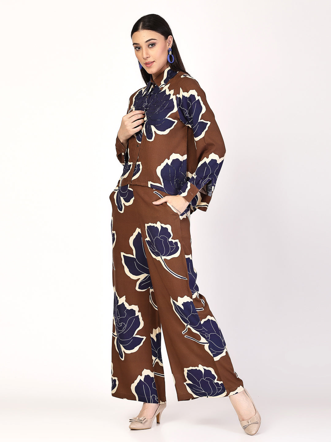Blue Floral Bliss Brown Co-Ord Set - Cosmic Trio