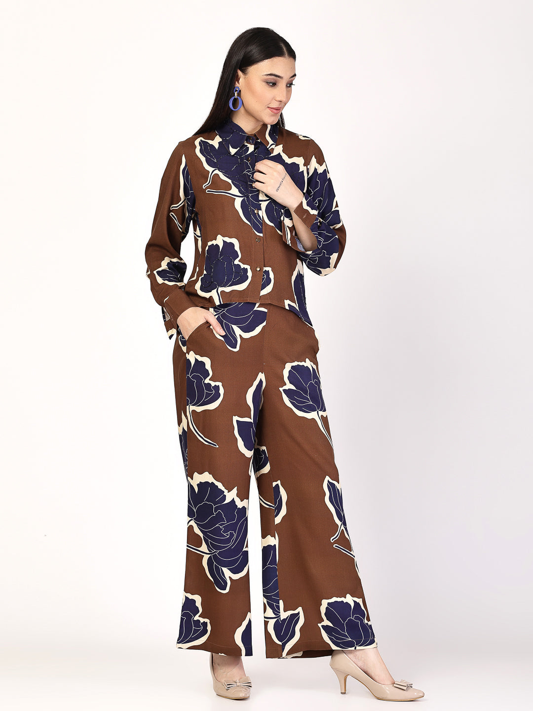 Blue Floral Bliss Brown Co-Ord Set - Cosmic Trio