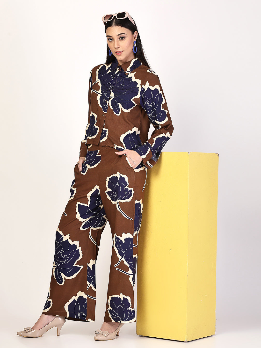 Blue Floral Bliss Brown Co-Ord Set - Cosmic Trio