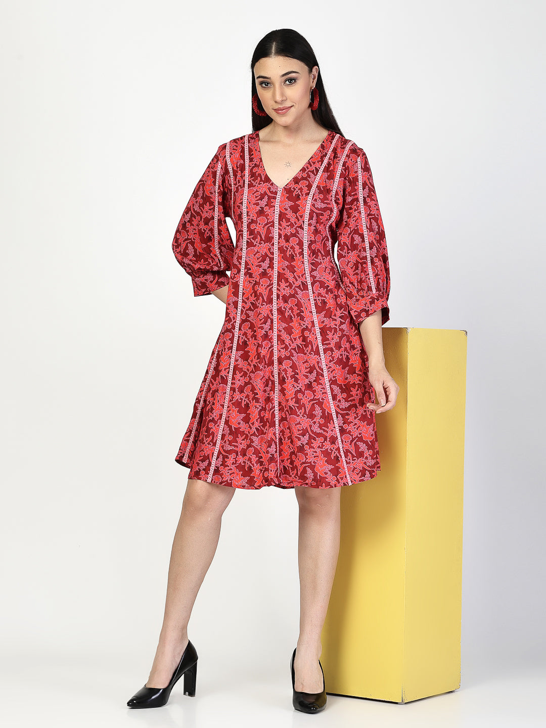 Red Floral Printed With Lace Dress - Cosmic Trio