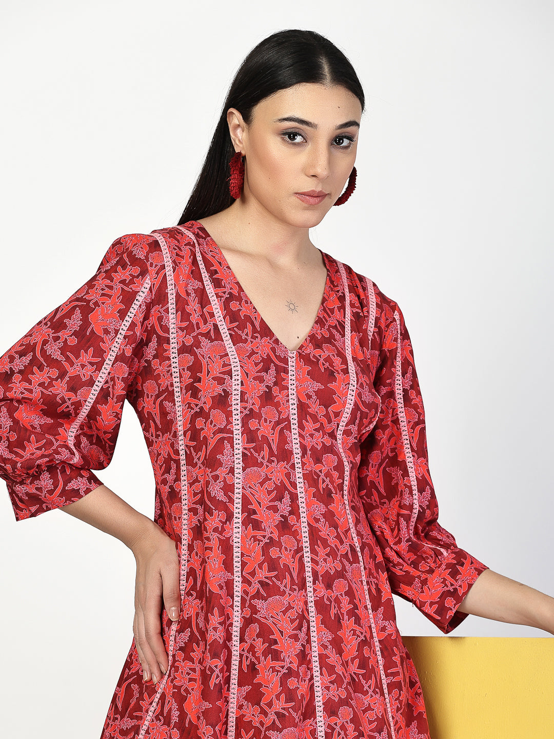 Red Floral Printed With Lace Dress - Cosmic Trio