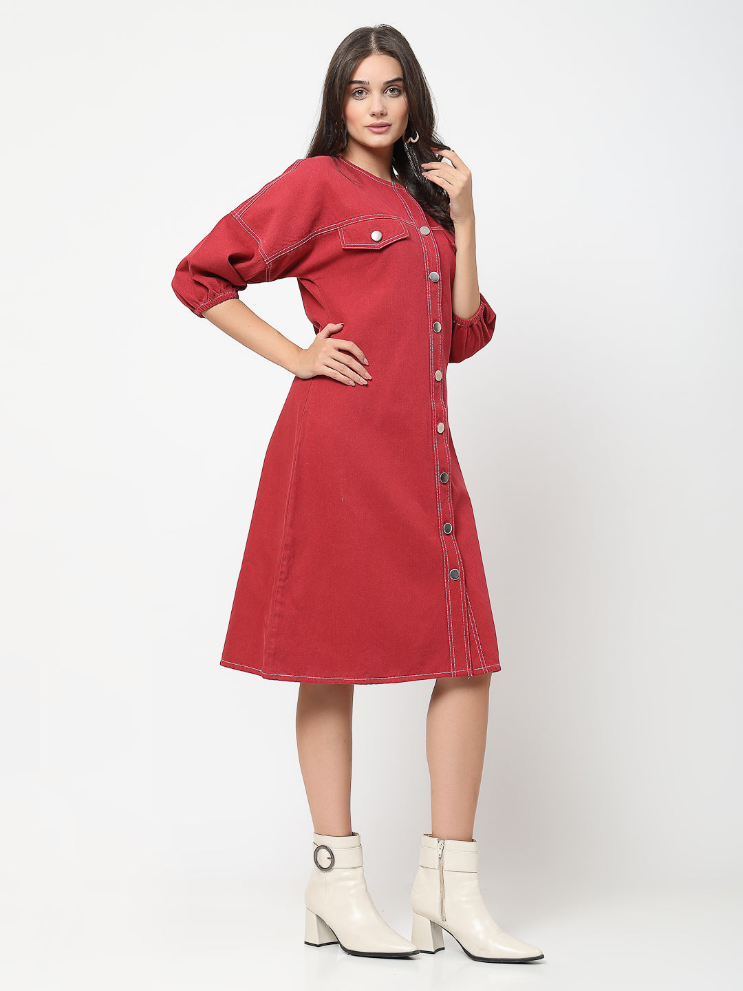 Dyed Bishop Sleeve Denim A-Line Dress - Cosmic Trio