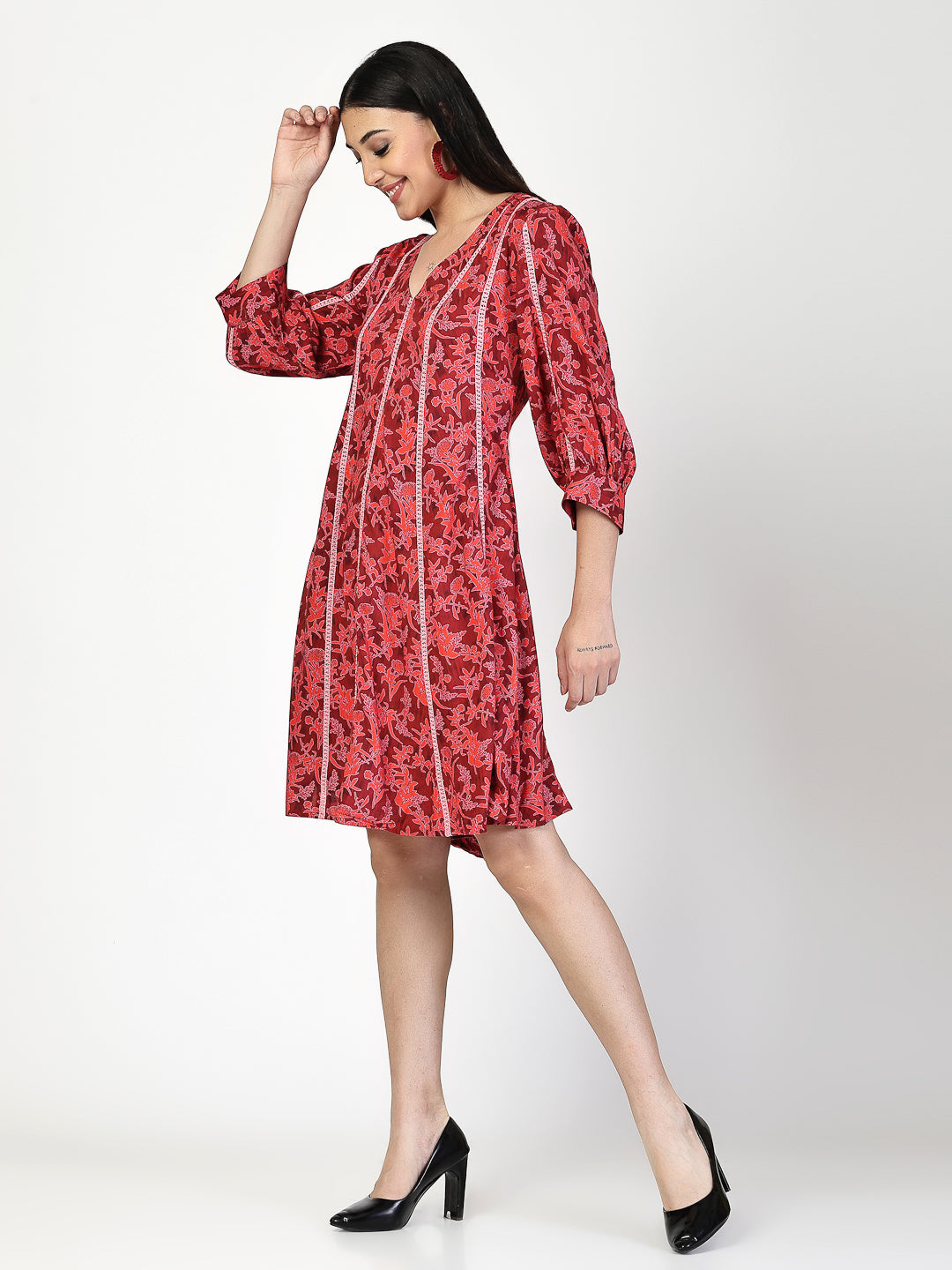 Red Floral Printed With Lace Dress - Cosmic Trio