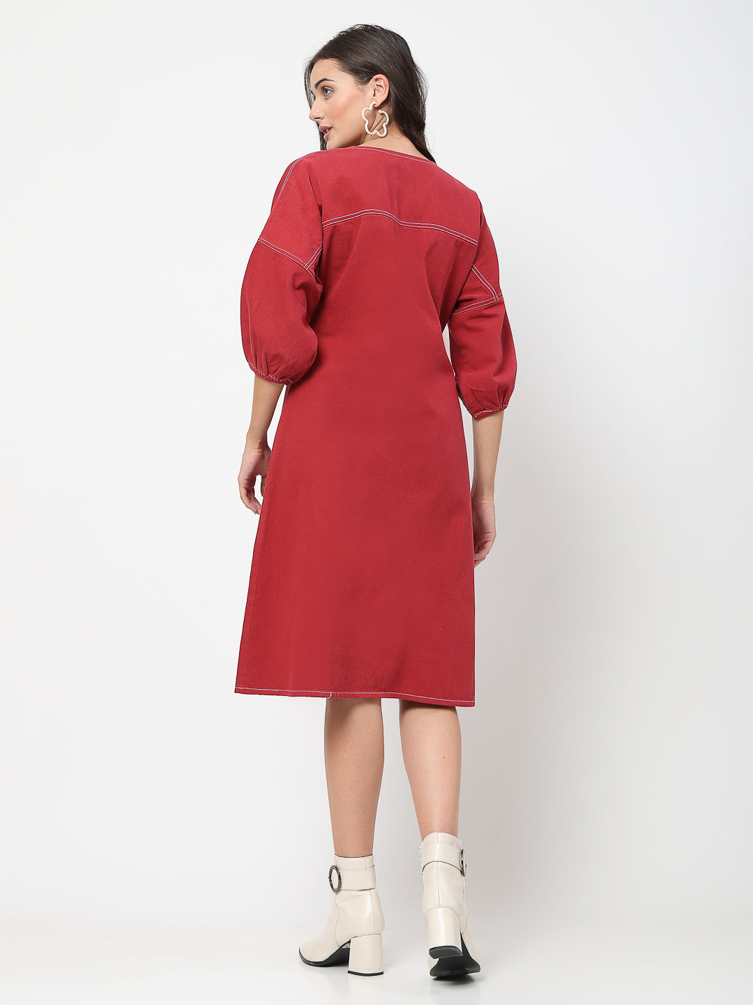 Dyed Bishop Sleeve Denim A-Line Dress - Cosmic Trio