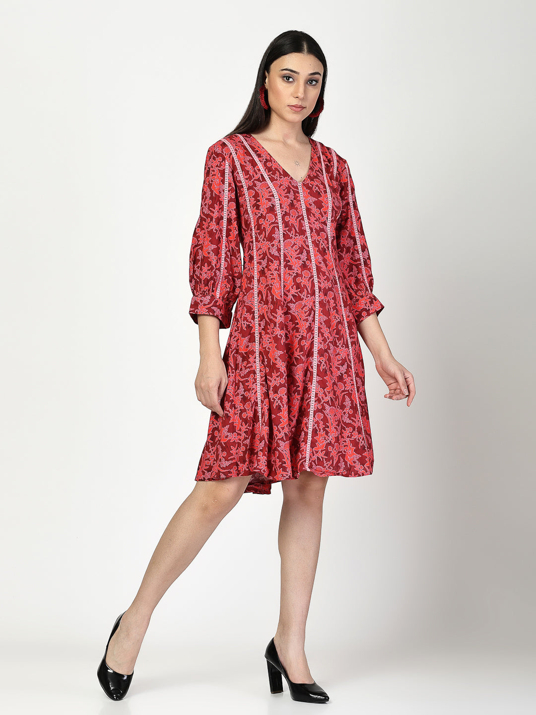 Red Floral Printed With Lace Dress - Cosmic Trio