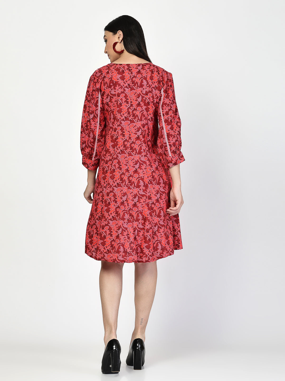 Red Floral Printed With Lace Dress - Cosmic Trio