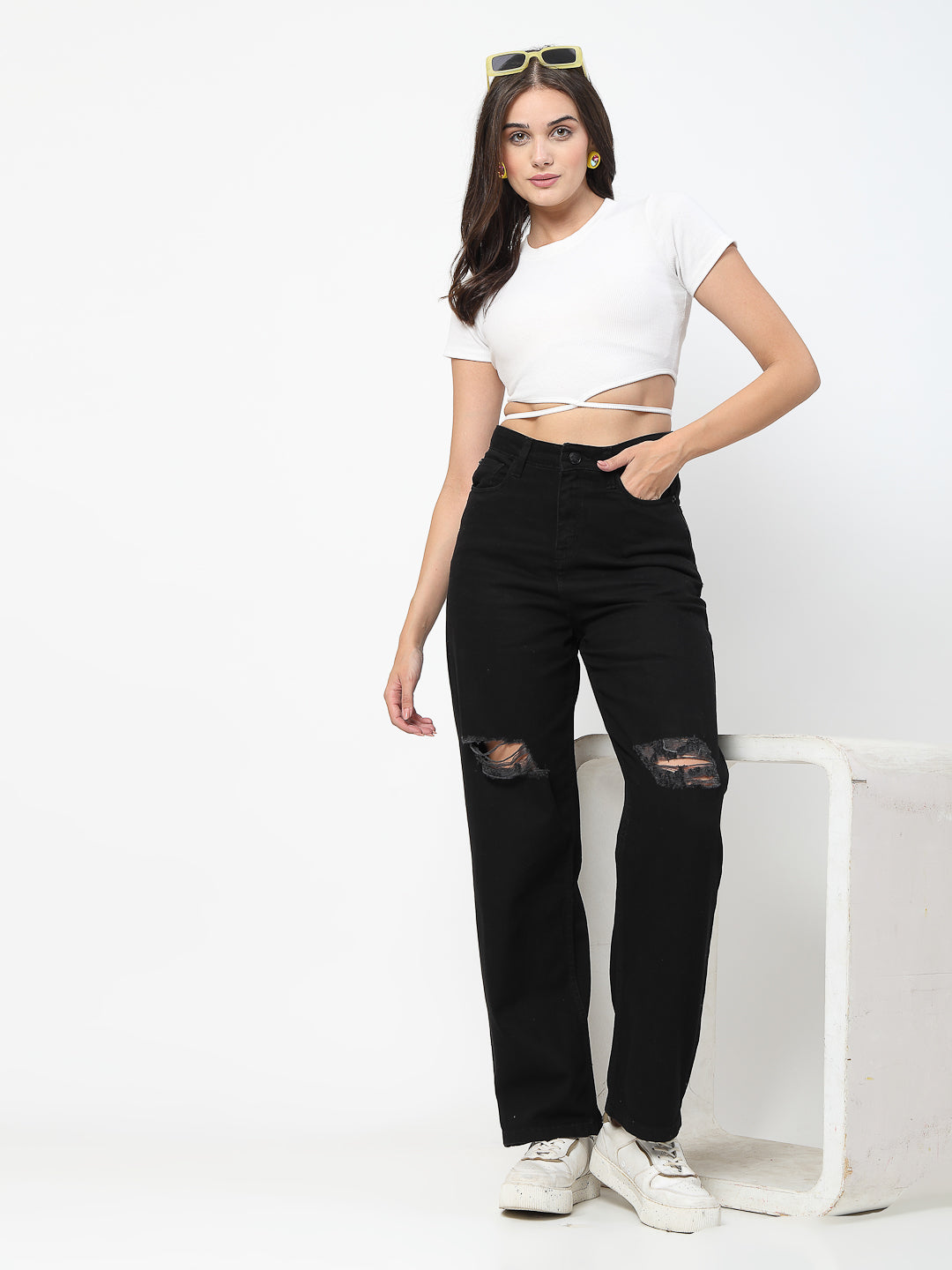 Comfortable Stylish Black Distressed Cotton Denim Jeans - Cosmic Trio