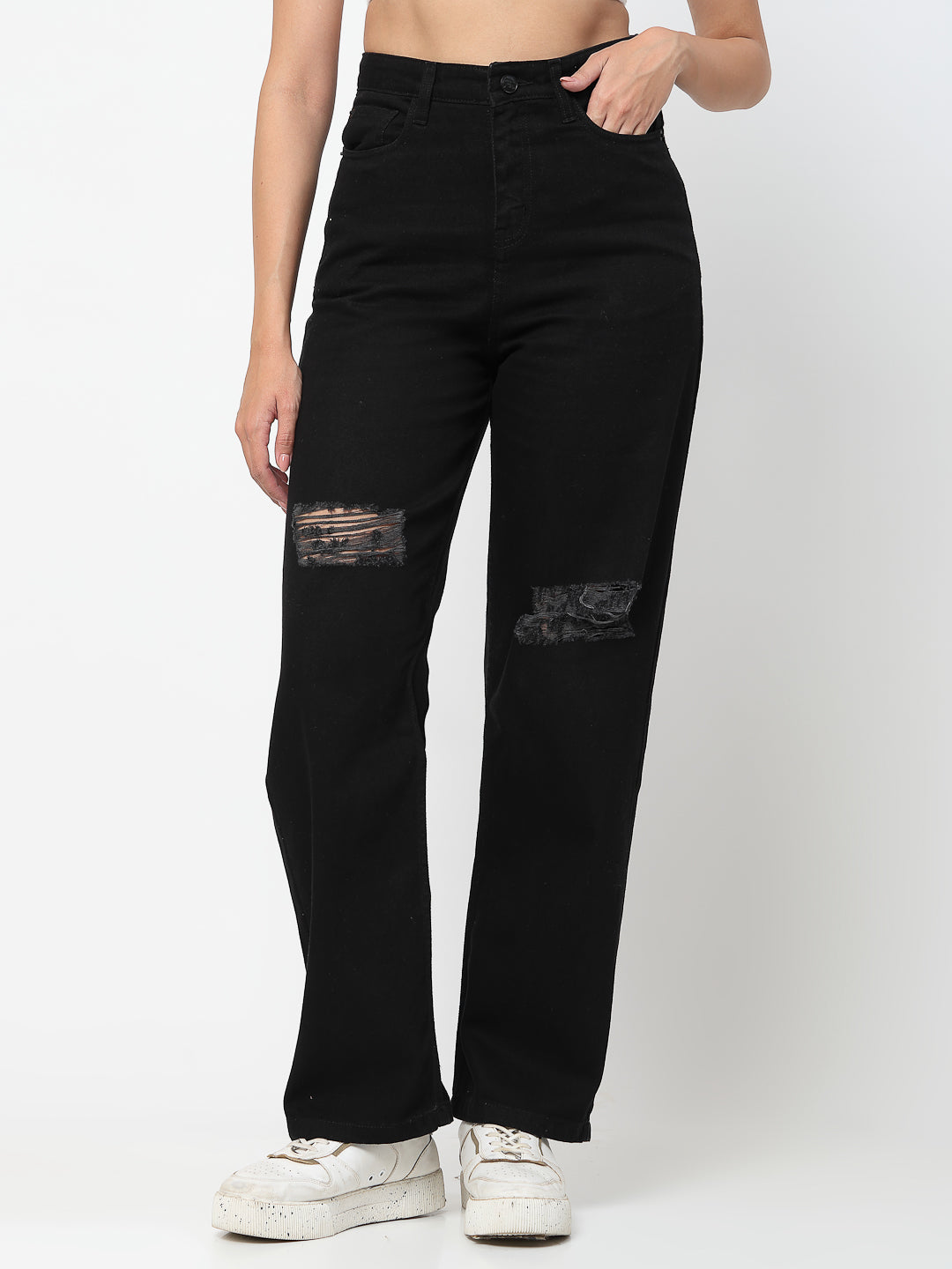 Comfortable Stylish Black Distressed Cotton Denim Jeans - Cosmic Trio
