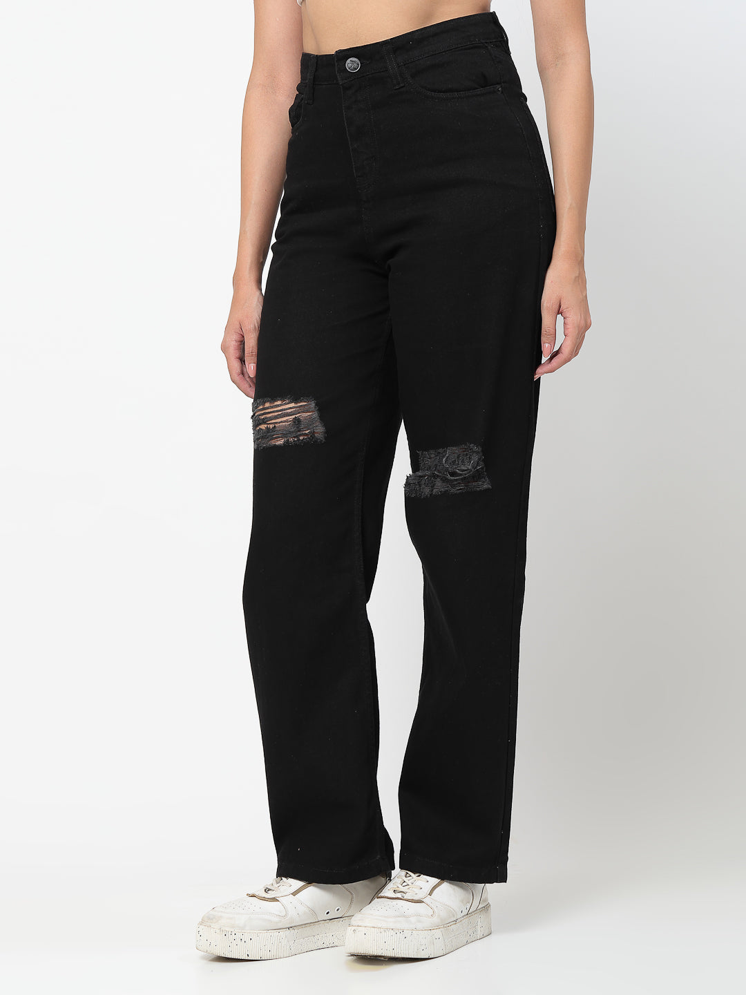 Comfortable Stylish Black Distressed Cotton Denim Jeans - Cosmic Trio