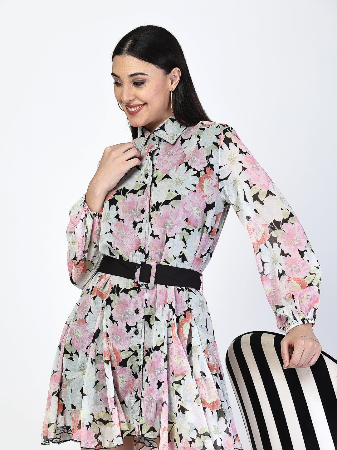 Multi Printed Waist Tie Up Short Dress - Cosmic Trio