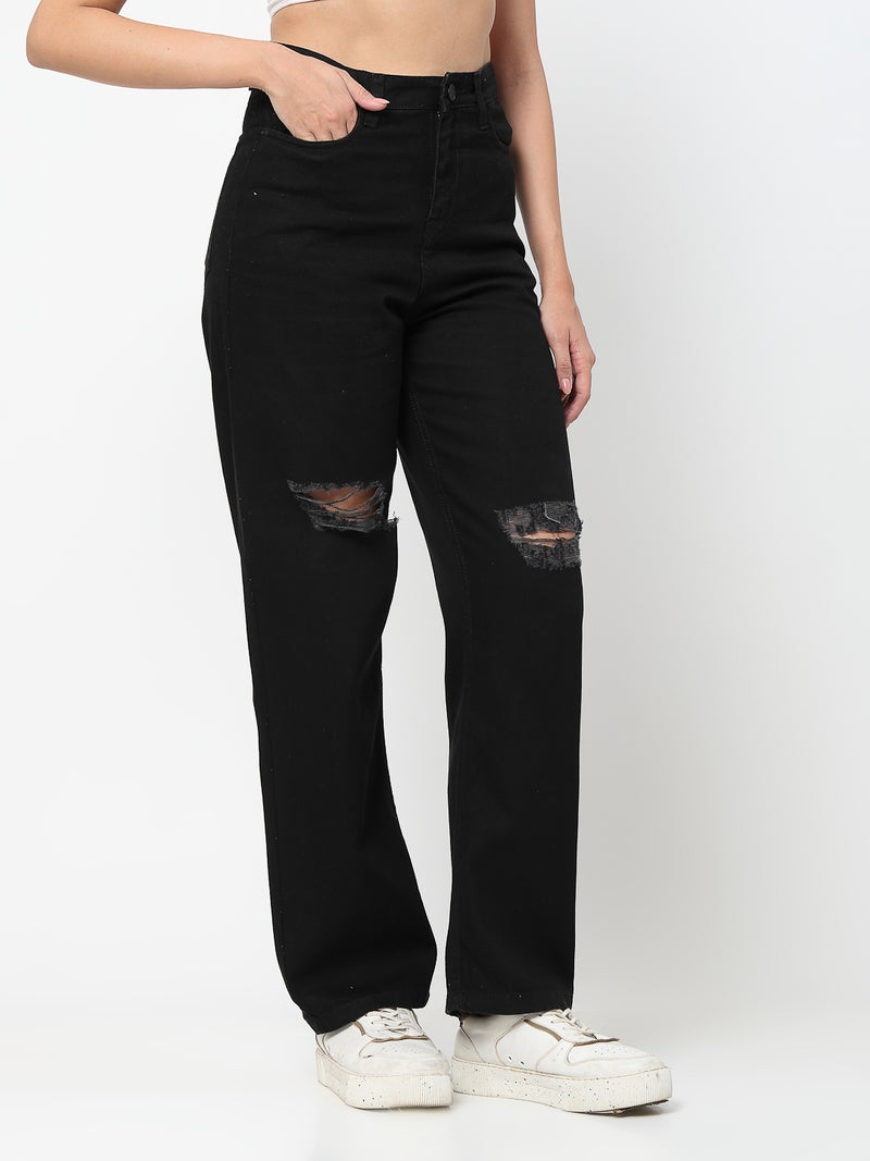 Comfortable Stylish Black Distressed Cotton Denim Jeans - Cosmic Trio
