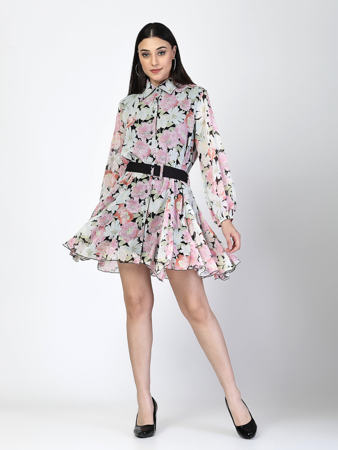 Multi Printed Waist Tie Up Short Dress - Cosmic Trio