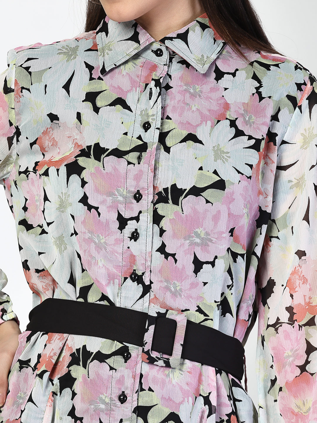 Multi Printed Waist Tie Up Short Dress - Cosmic Trio