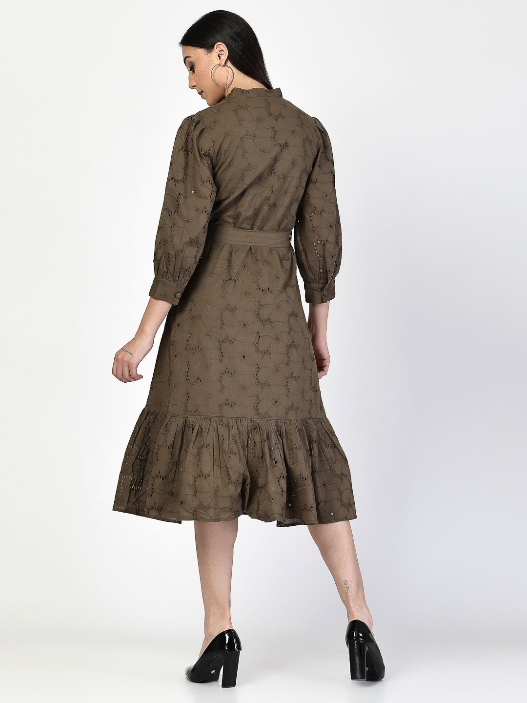 Dark Olive Schiffli Waist Tie Up Midi Dress - Cosmic Trio