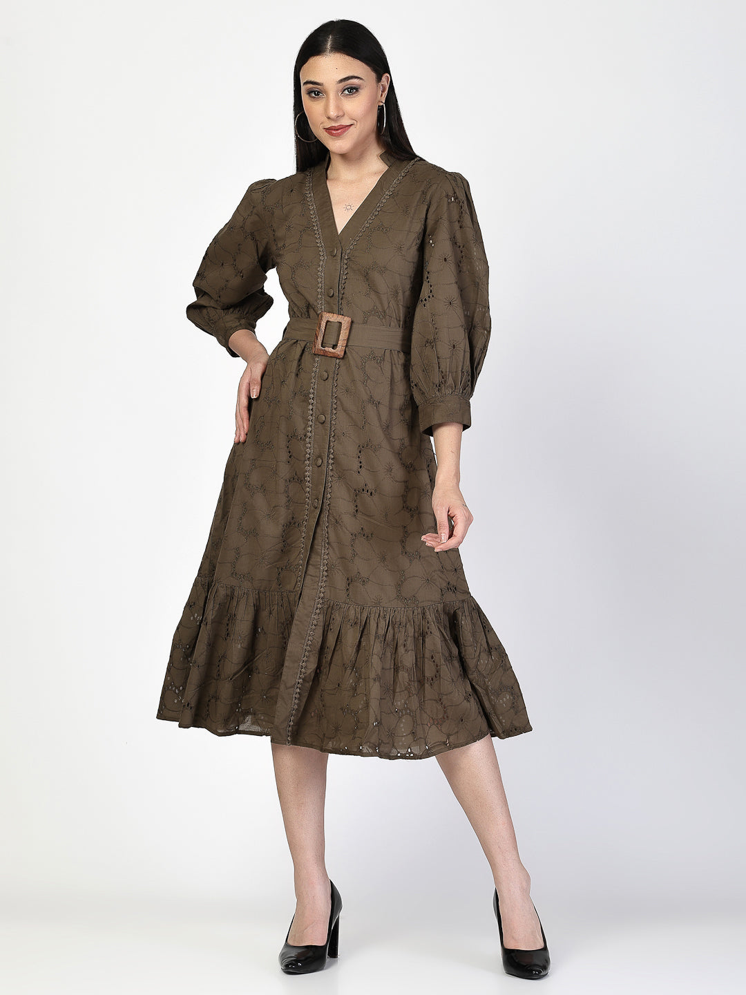 Dark Olive Schiffli Waist Tie Up Midi Dress - Cosmic Trio