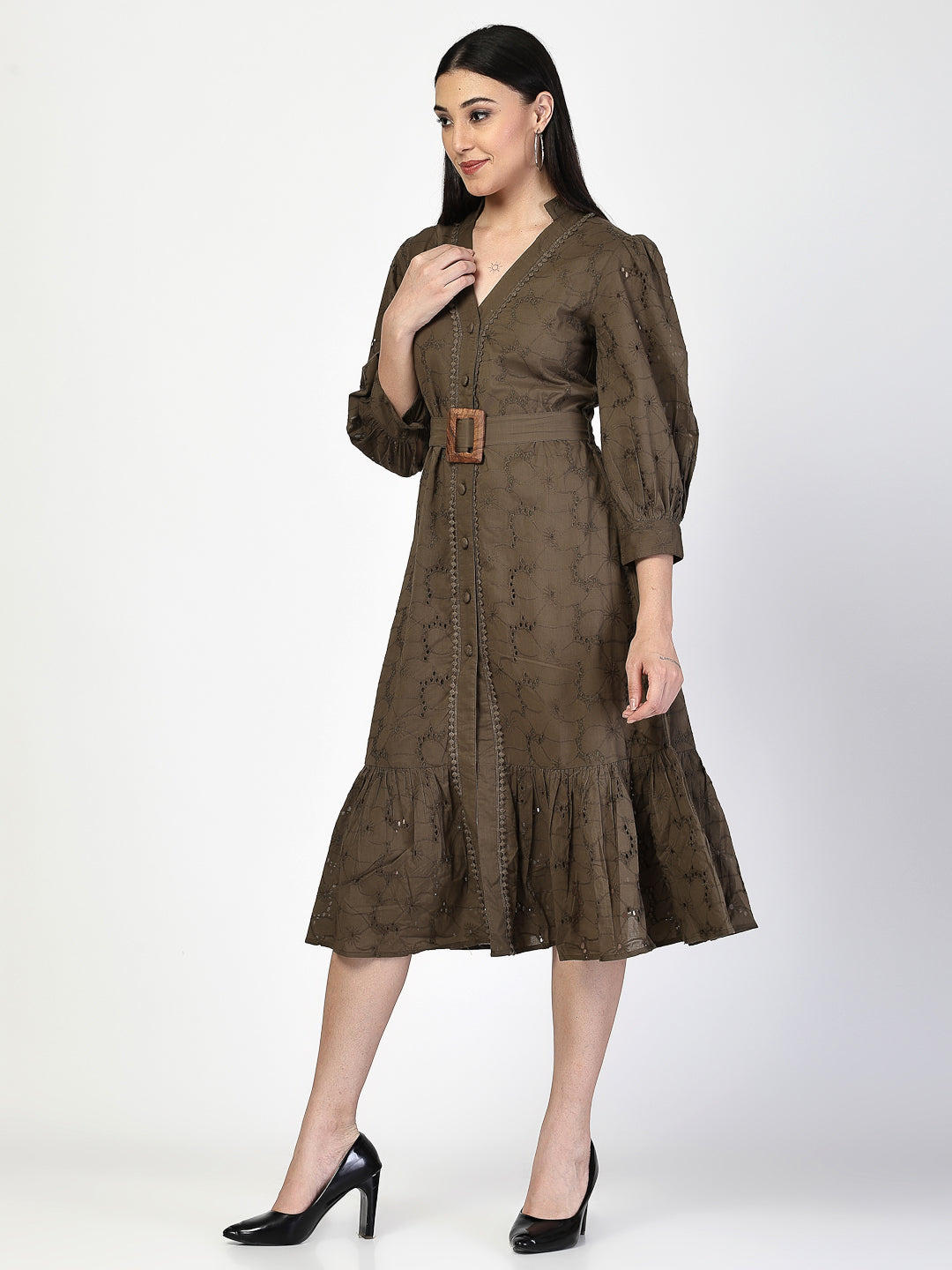 Dark Olive Schiffli Waist Tie Up Midi Dress - Cosmic Trio
