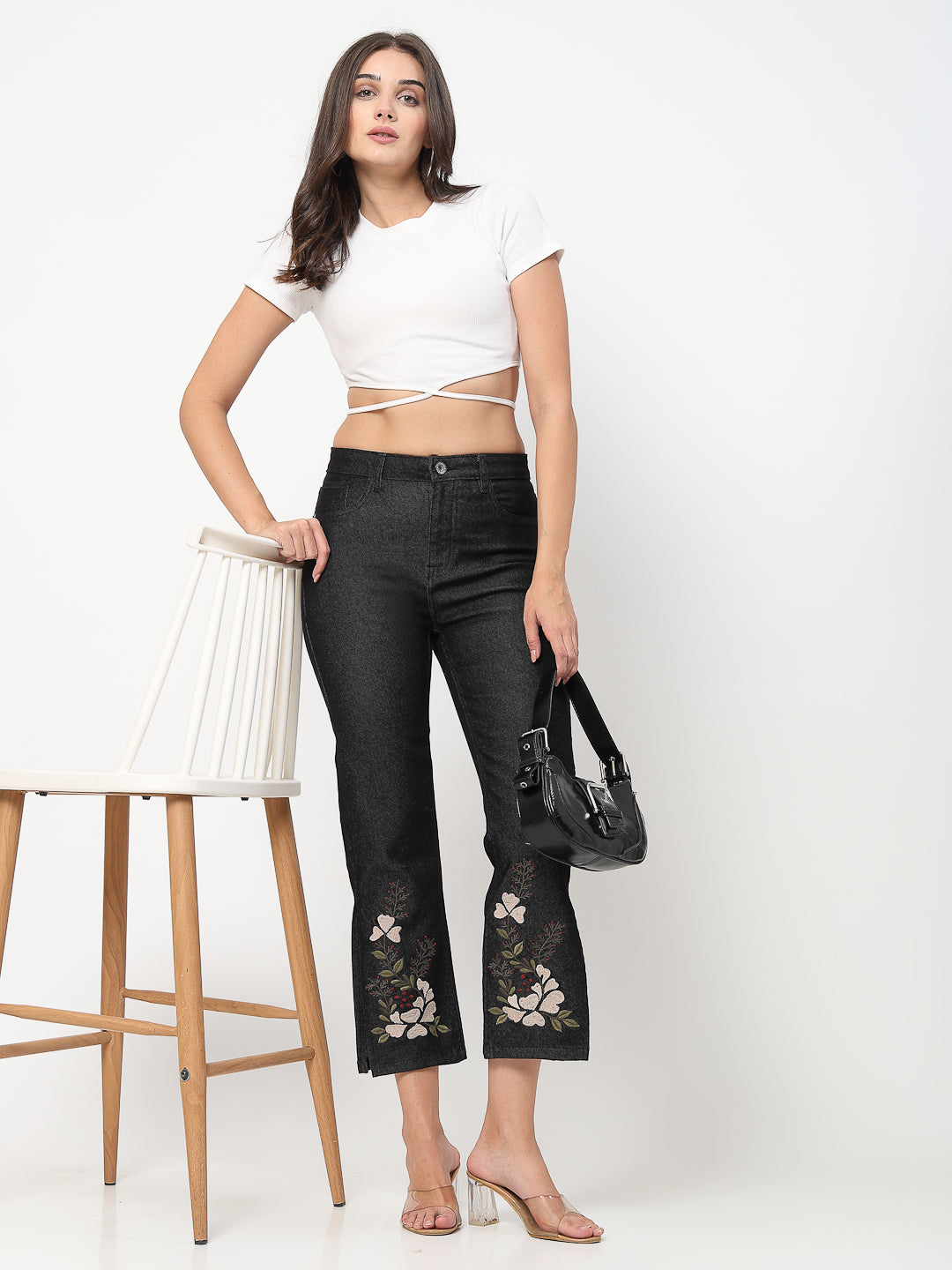 Black Floral Embroidered Side Slit Denim Jeans - Cosmic Trio