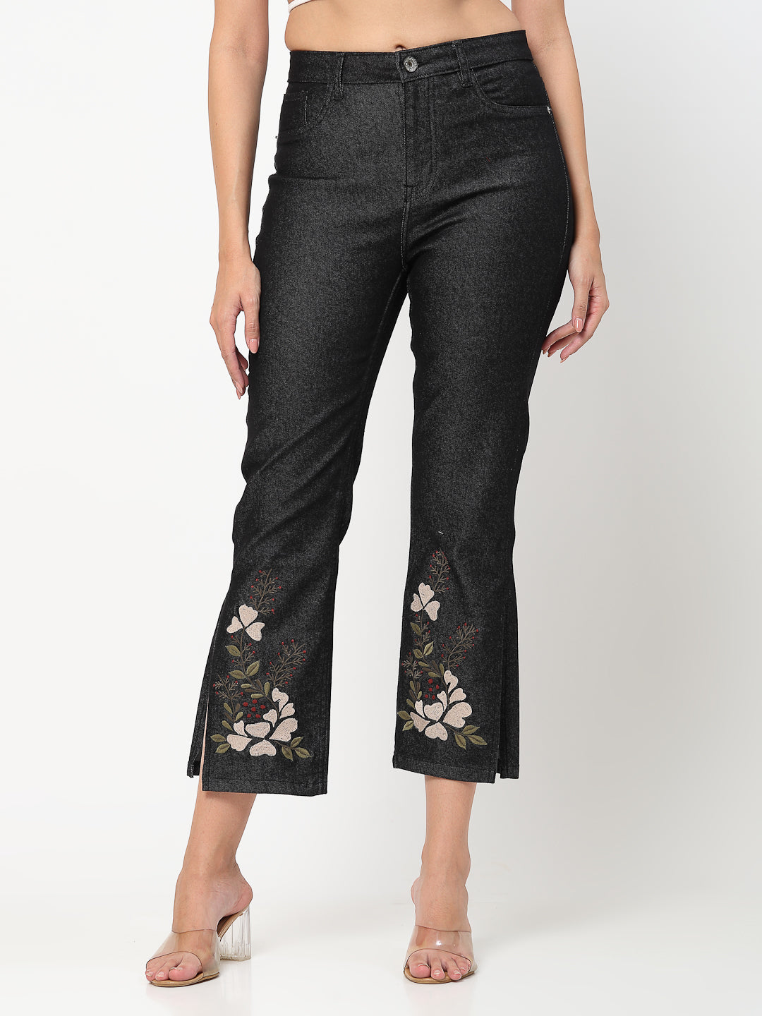 Black Floral Embroidered Side Slit Denim Jeans - Cosmic Trio