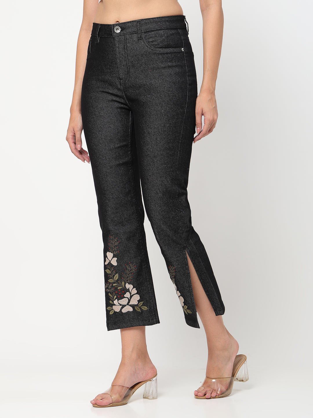 Black Floral Embroidered Side Slit Denim Jeans - Cosmic Trio