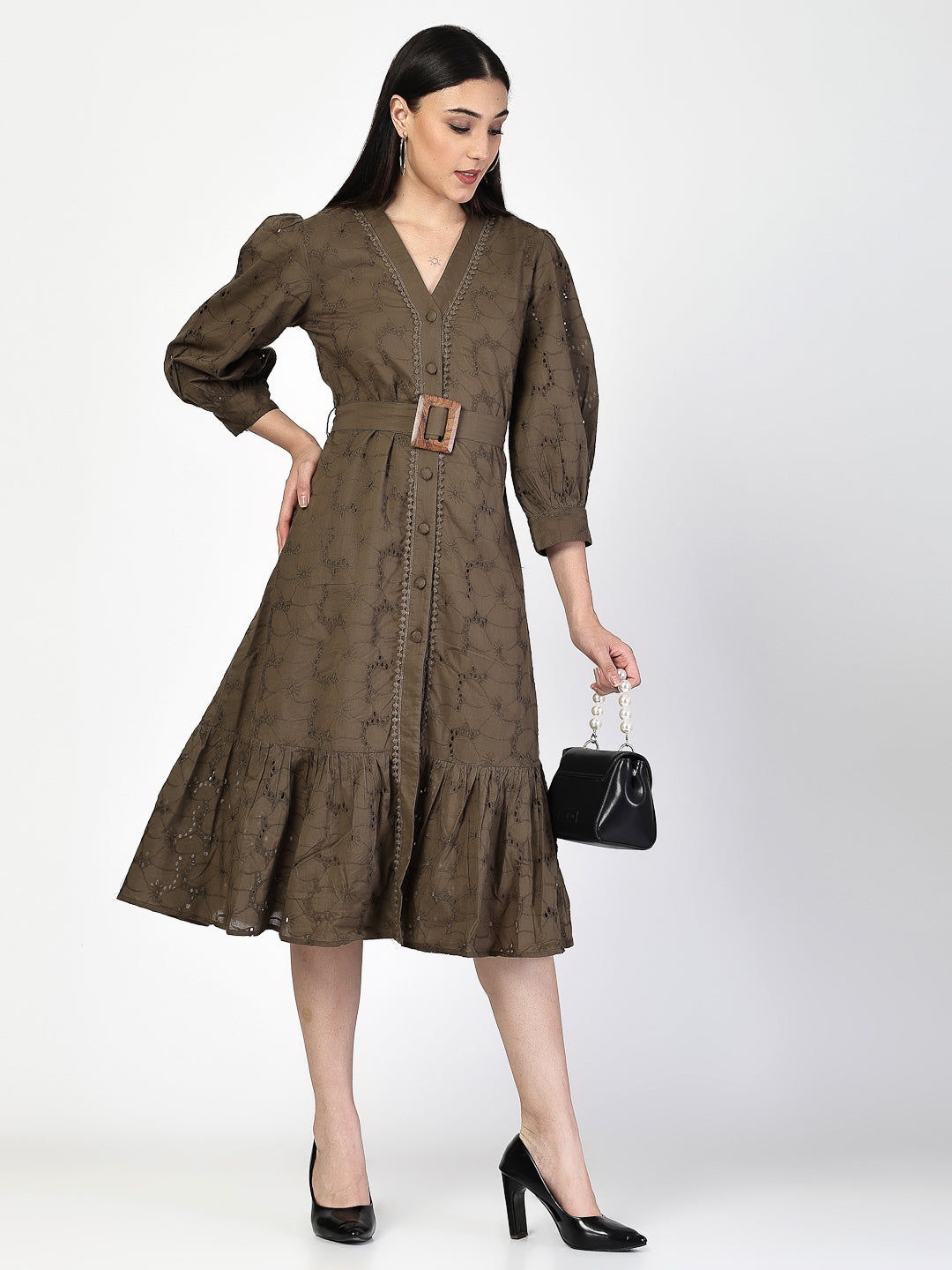 Dark Olive Schiffli Waist Tie Up Midi Dress - Cosmic Trio
